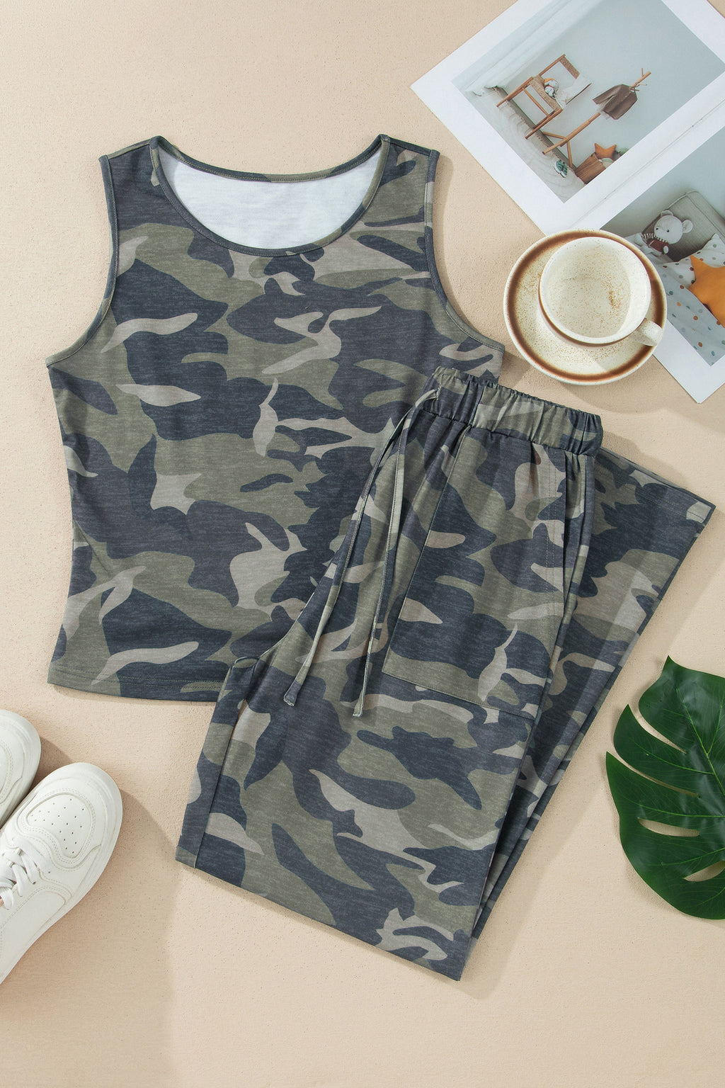 Women's Green Camo Sleeveless Tank & Drawstring Trouser Co-ord Set at LivelyLooks