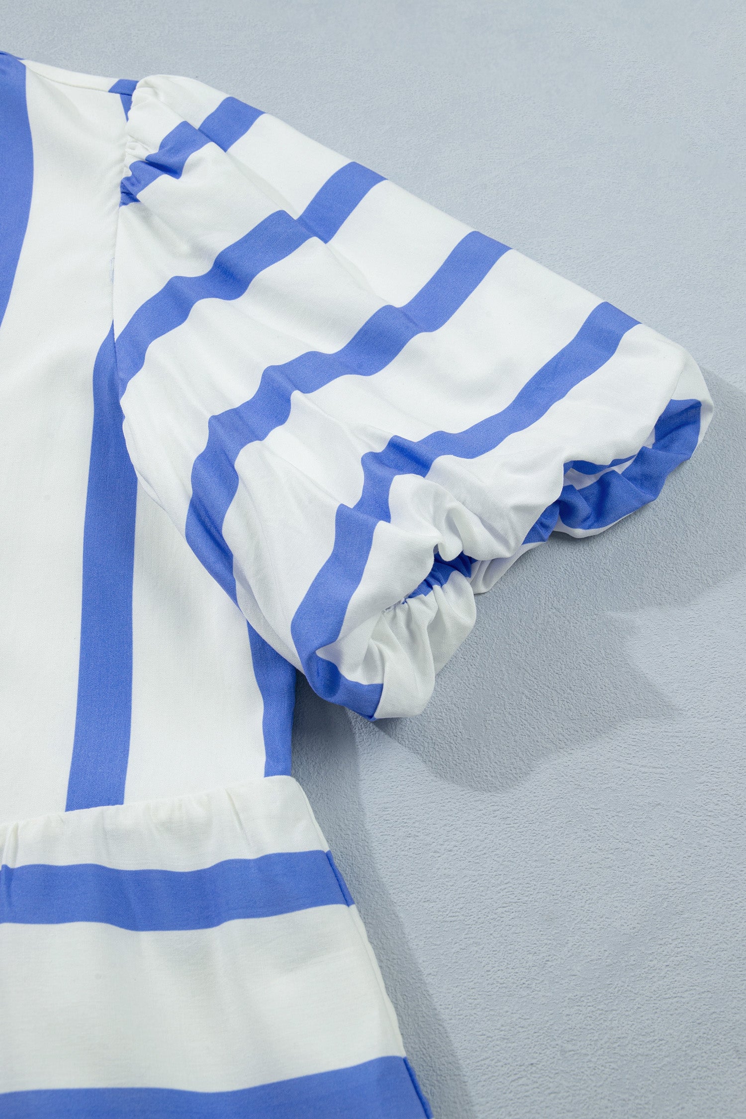Women's Sky Blue Stripe Split V Neck Puff Sleeve Summer Blouse at LivelyLooks