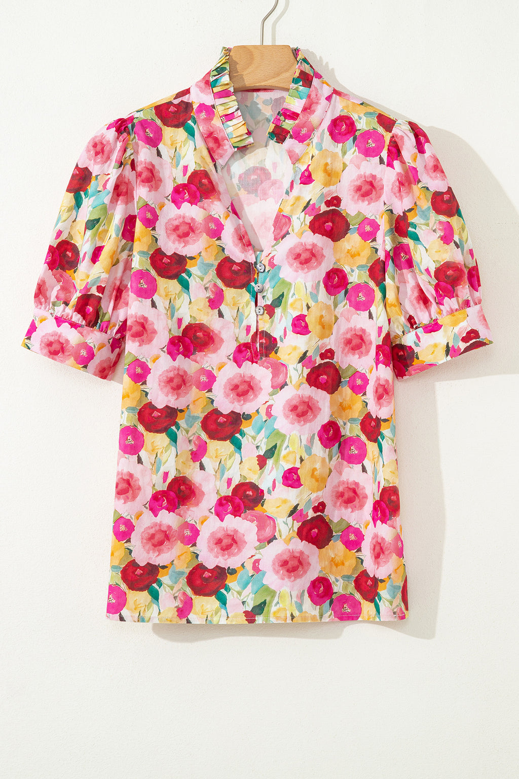 Pink Floral Frilled V Neck Puff Sleeve Blouse