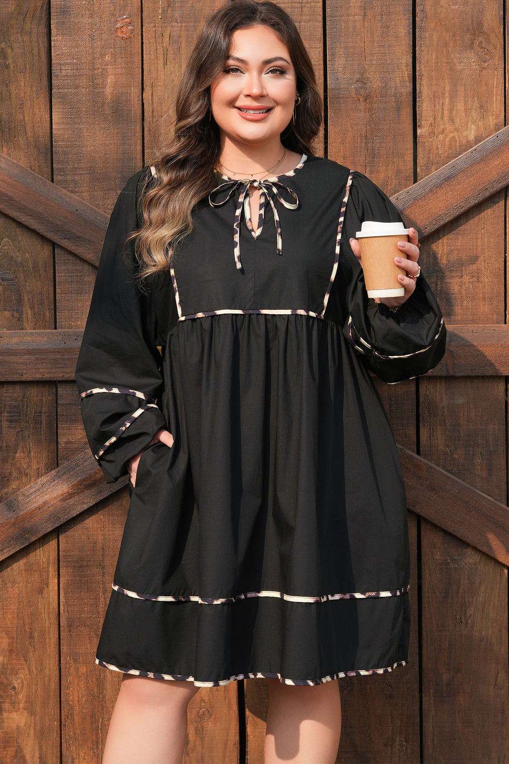 Black Plus Size Leopard Tie Neck Long Sleeve Flared Mini Dress UK 18–32