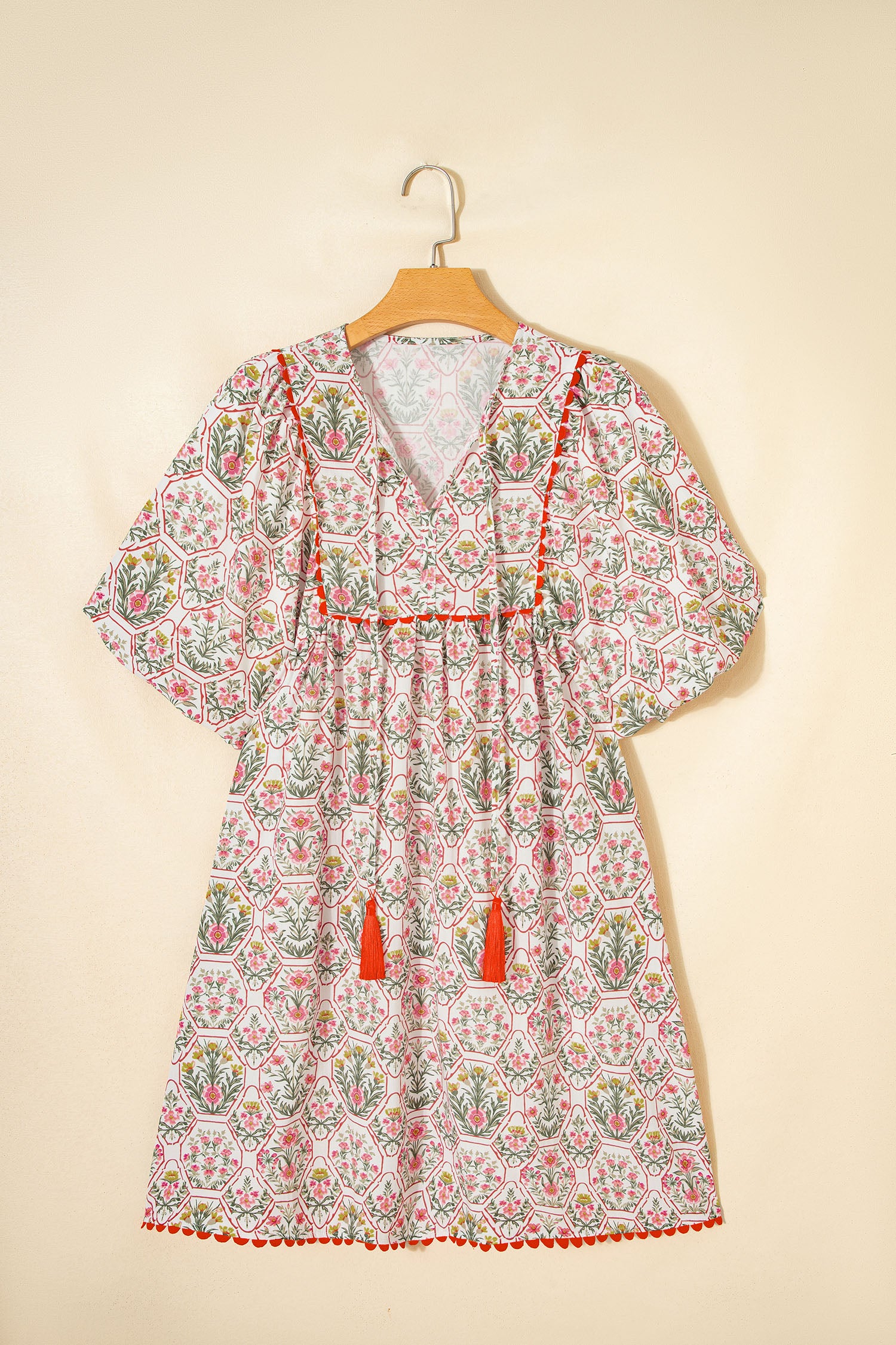 Pink Floral Print Tassel Tie V Neck Scalloped Mini Dress | UK 8–22