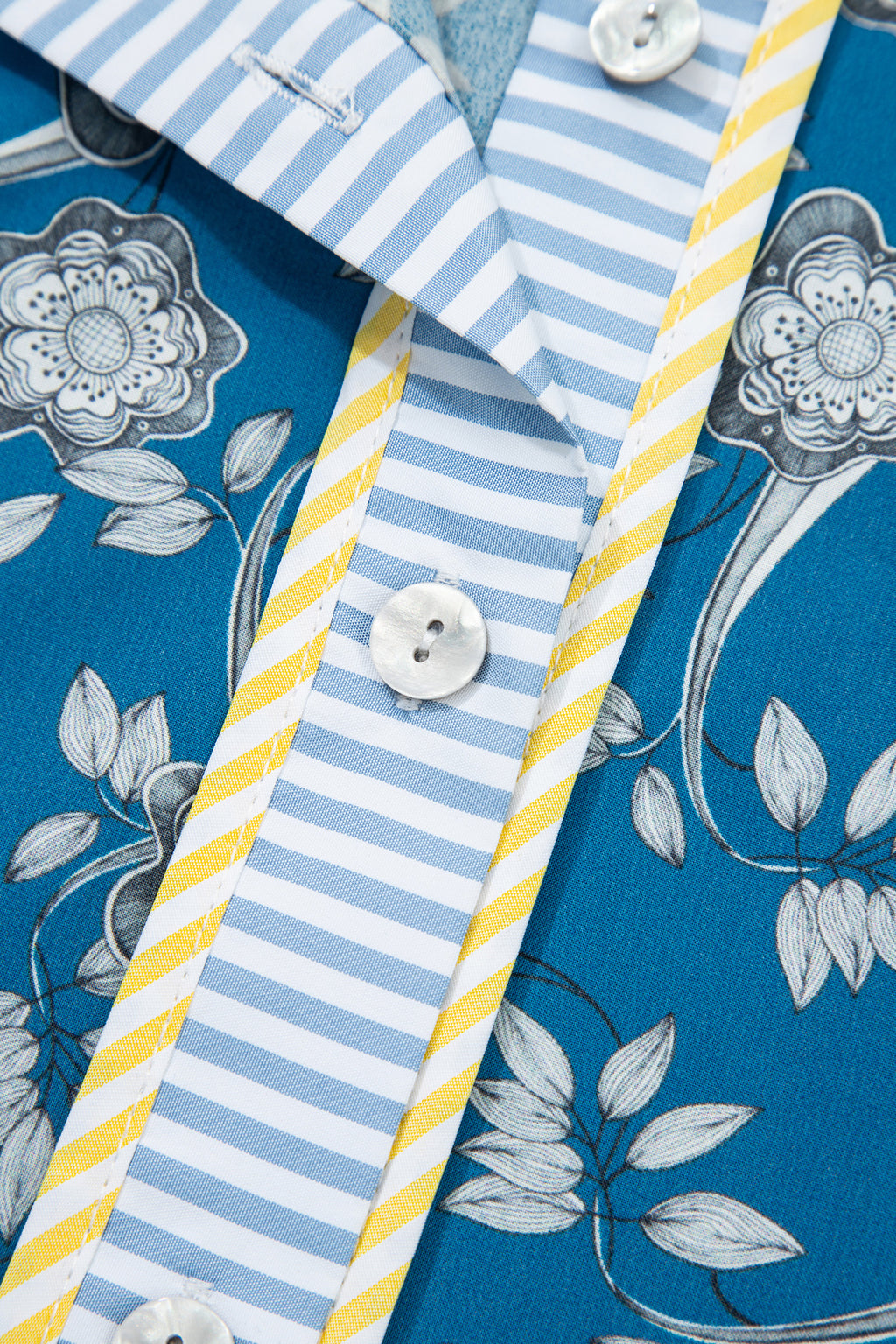 Blue Striped Trim Half Button Short Sleeve Floral Mini Dress S-XL