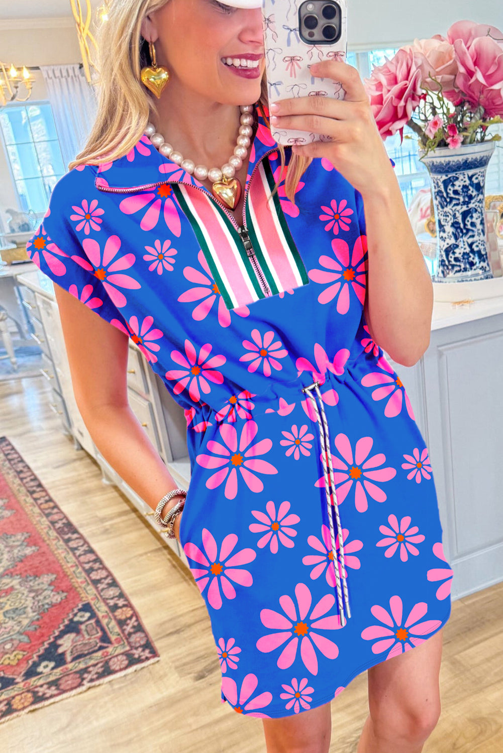 Purple Floral Striped Quarter Zip Cap Sleeve Drawstring Waist Mini Dress S-XL