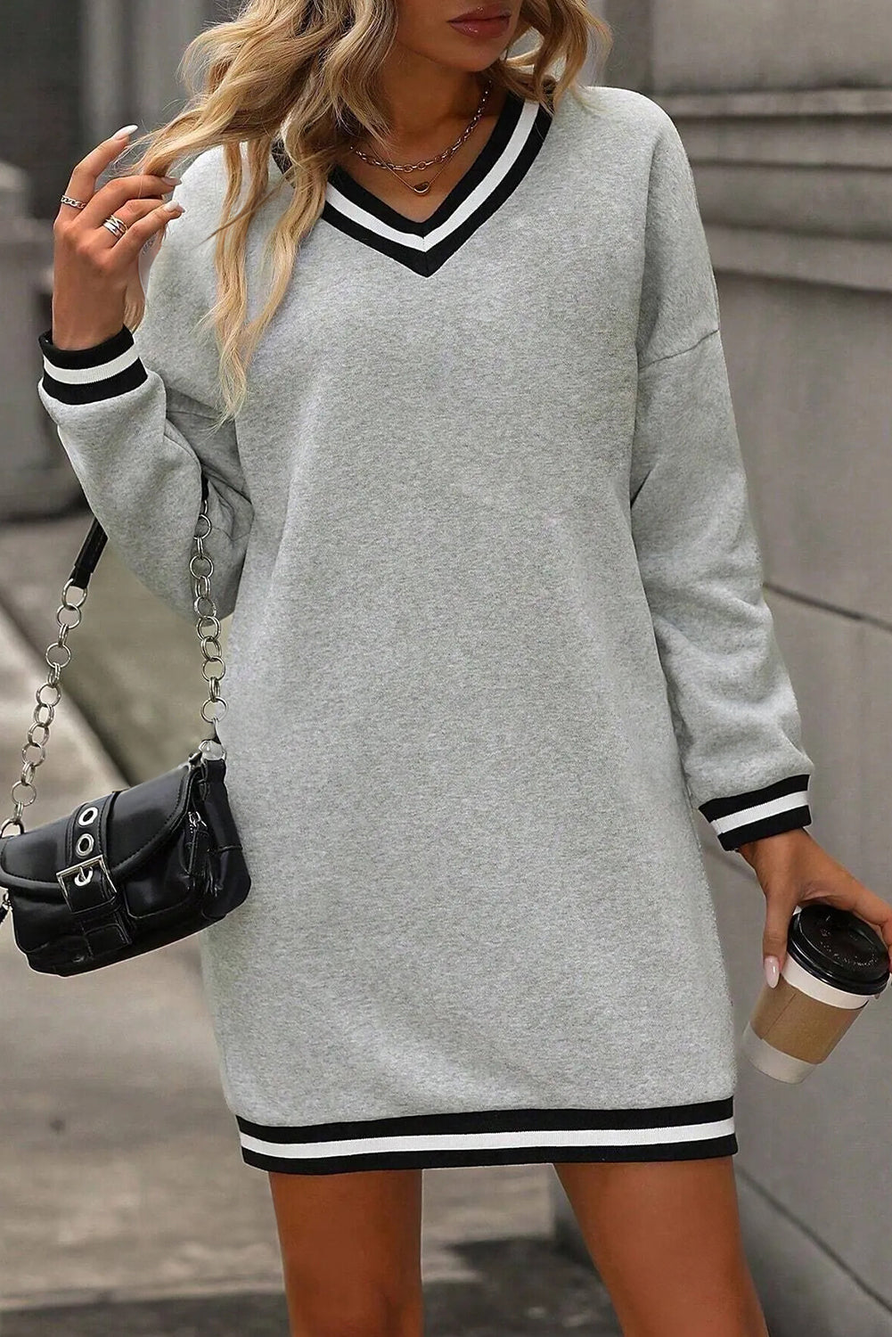 Light Grey Striped Trim V Neck Long Sleeve Preppy T-Shirt Dress S-XL