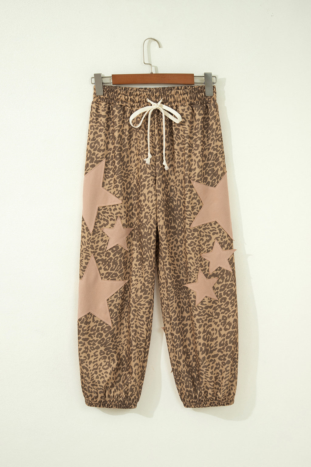 Khaki Leopard Print Jogger Pants Star Patch Drawstring Elastic Waist Women S-XL