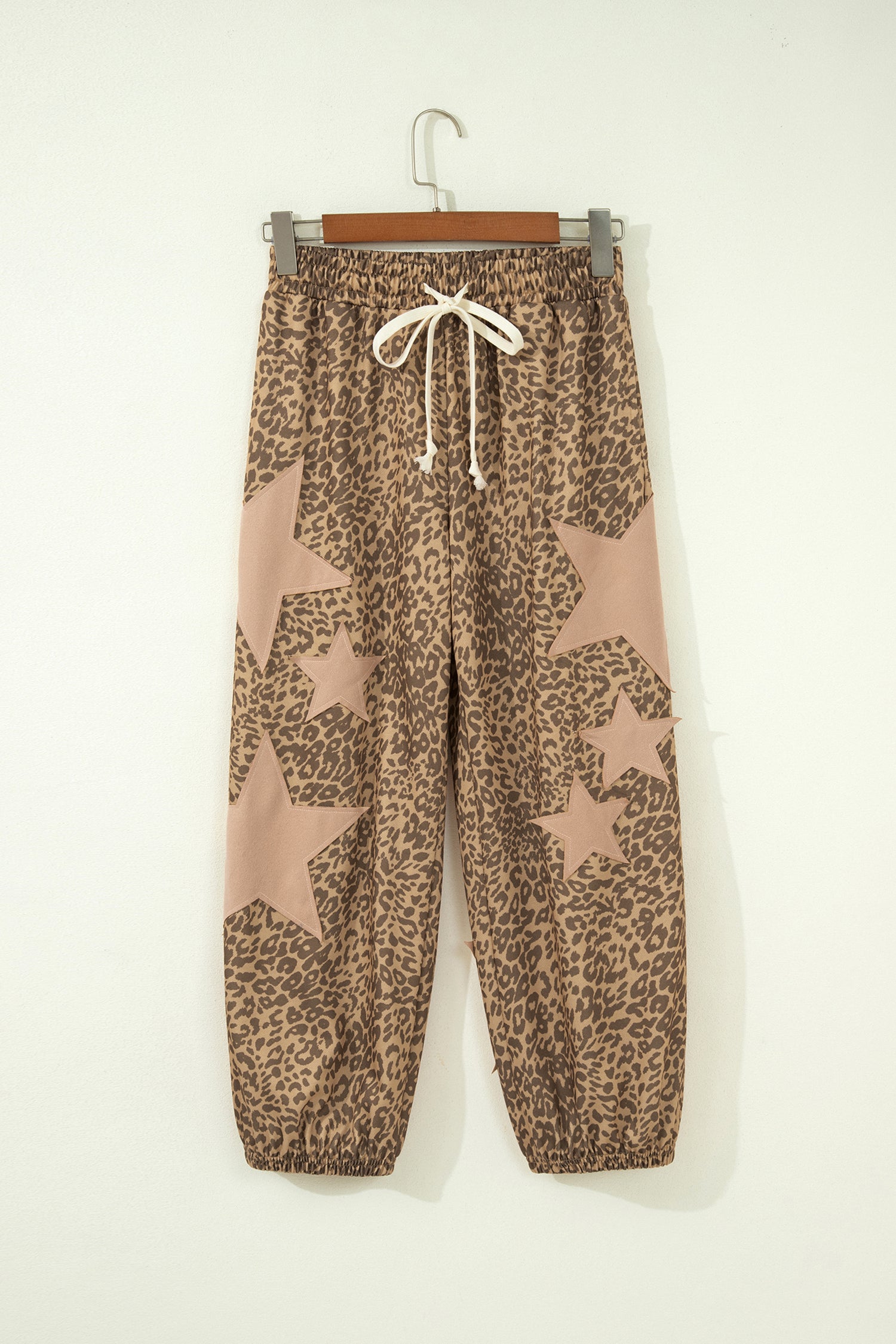 Khaki Leopard Print Jogger Pants Star Patch Drawstring Elastic Waist Women S-XL
