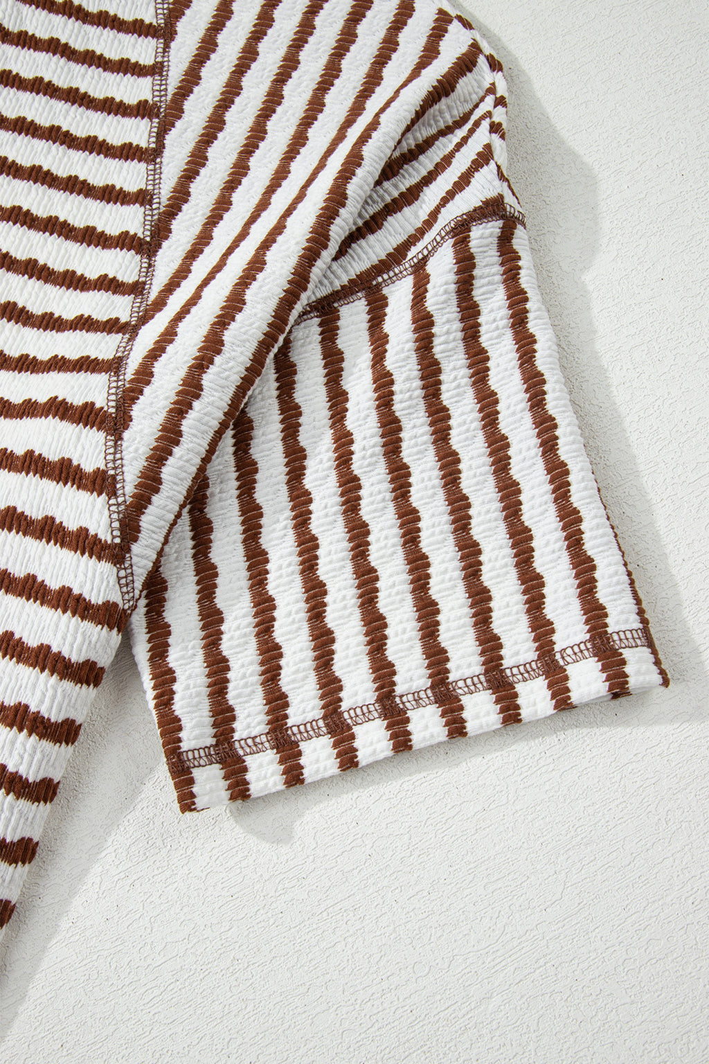 LivelyLooks Brown Stripe Textured Knit Split Hem Half Sleeve Loose Top women's fashion