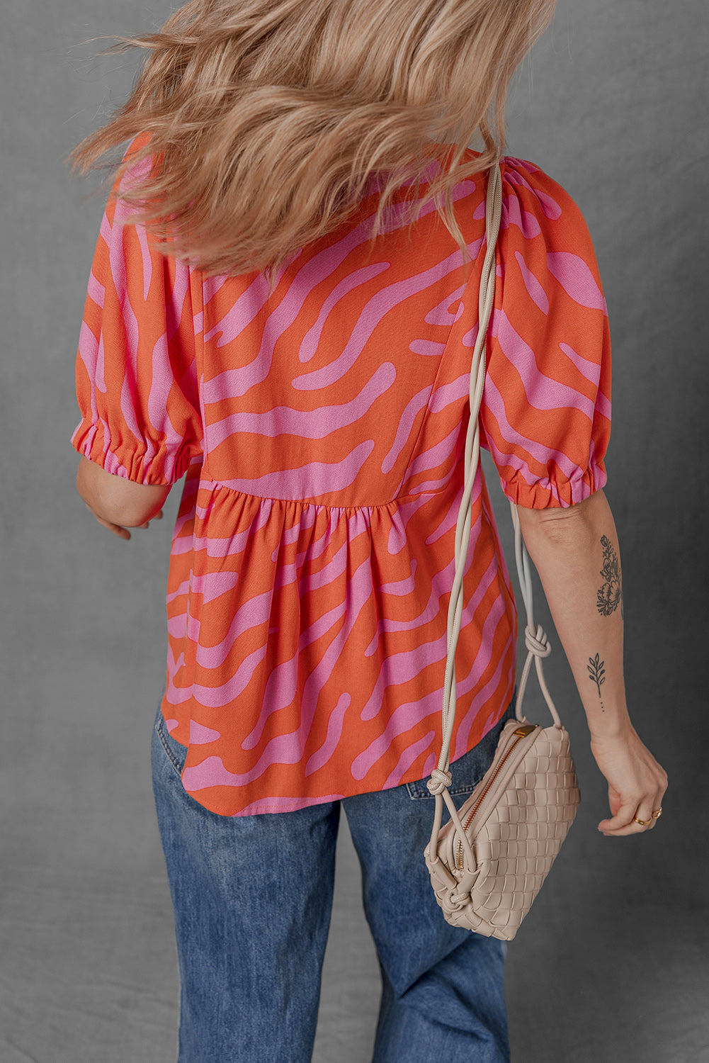 Orange Zebra Print Blouse Ruched Cuff Half Sleeve V Neck Women S-XL