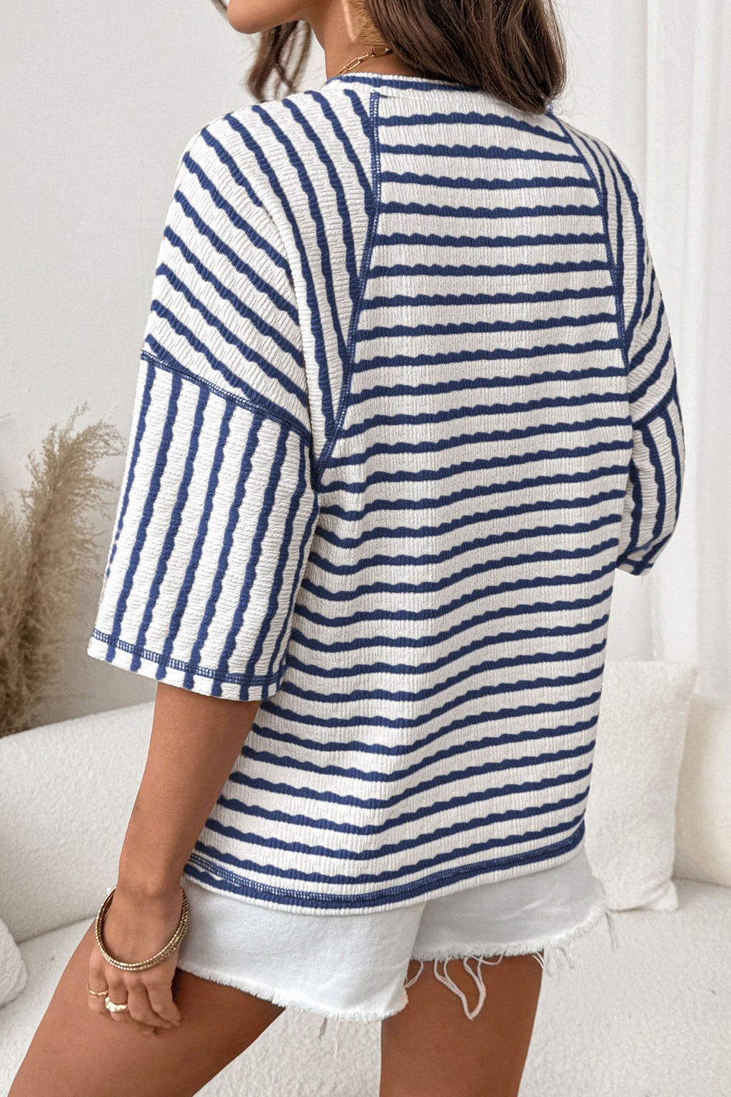 LivelyLooks Brown Stripe Textured Knit Split Hem Half Sleeve Loose Top women's fashion