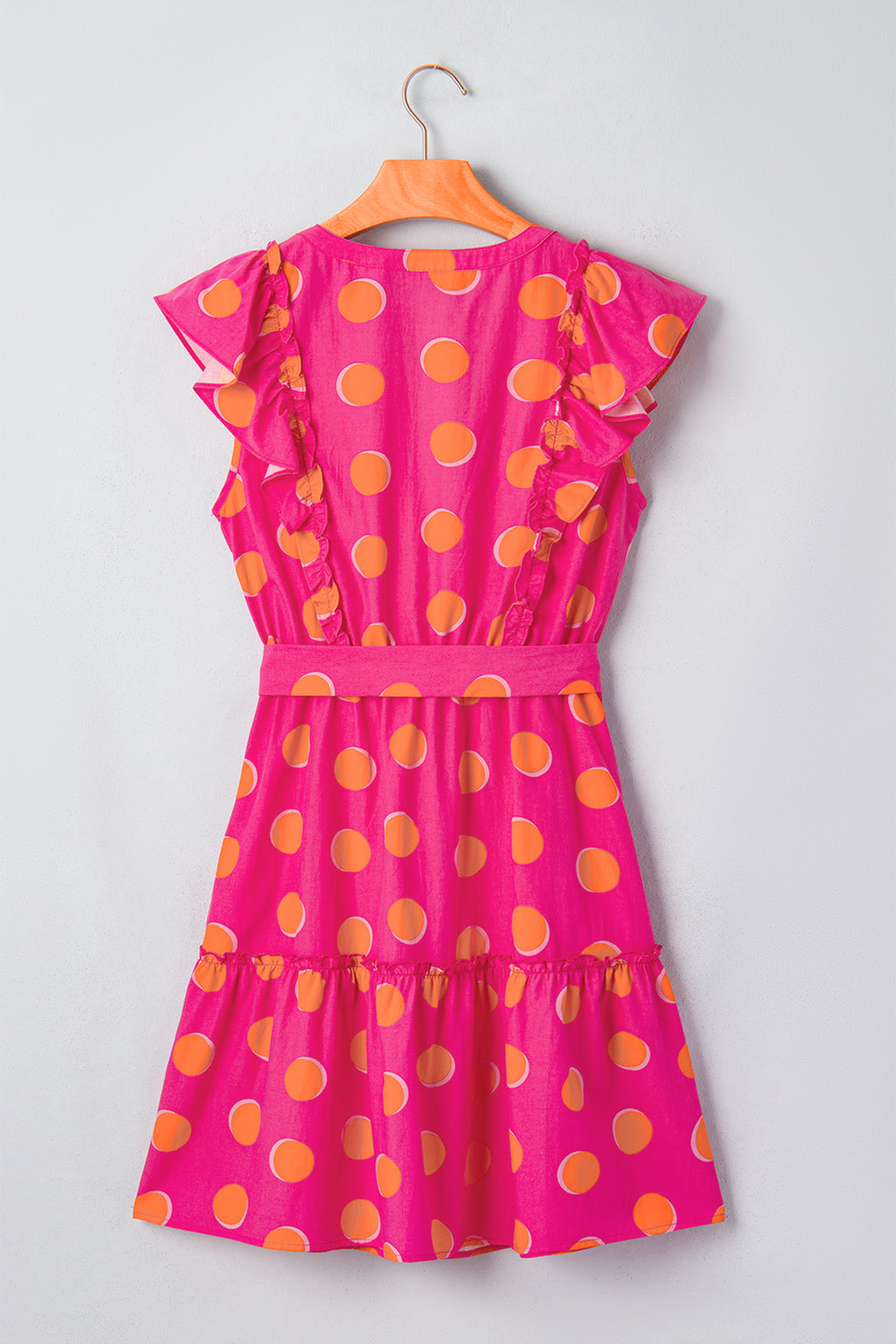 Rose Polka Dot V-Neck Ruffle Short Sleeve Knot Waist Mini Dress