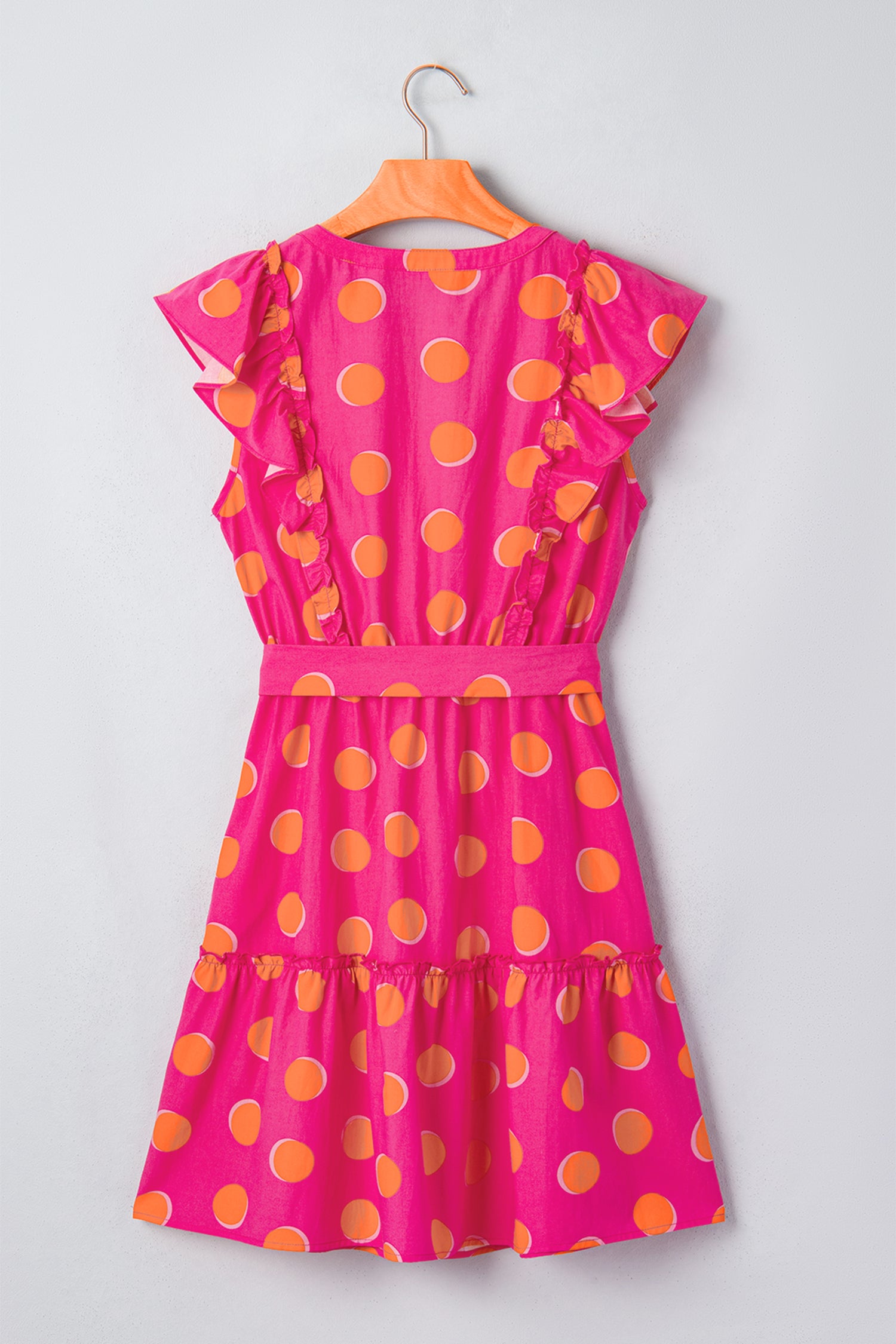 Rose Polka Dot V-Neck Ruffle Short Sleeve Knot Waist Mini Dress