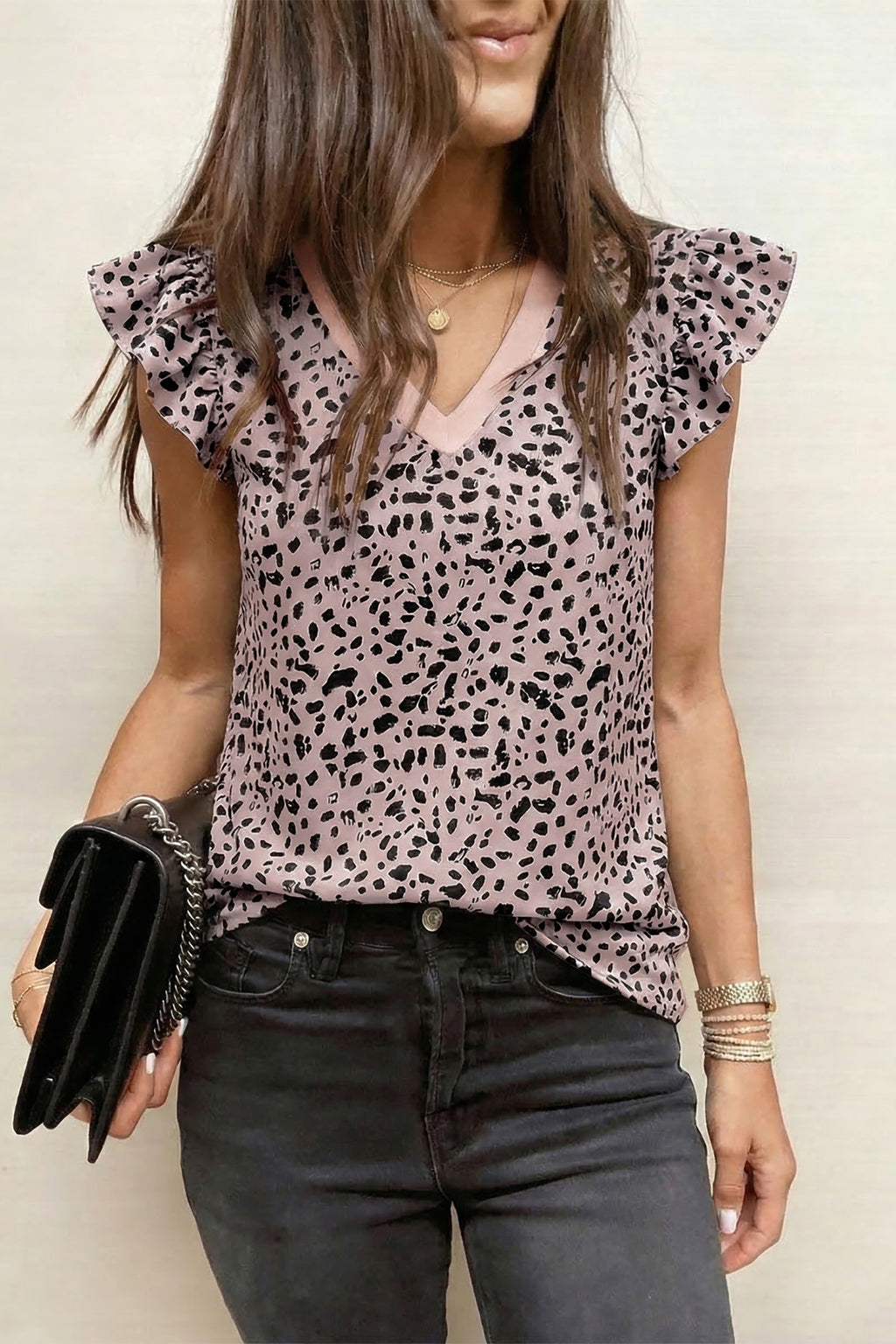 Black Cheetah Print Tank Top V Neck Ruffle Trim Loose Women S-XL