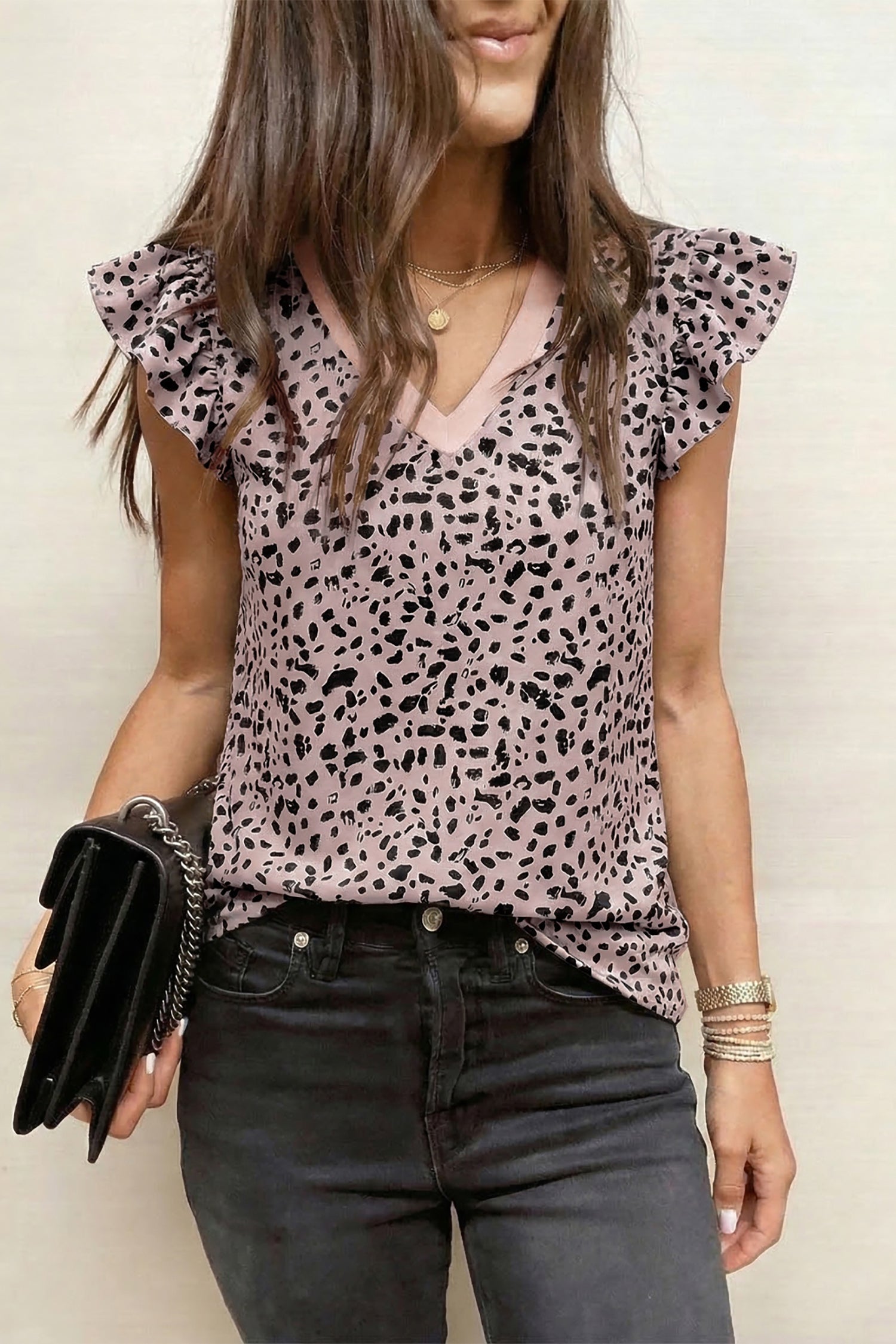 Black Cheetah Print Tank Top V Neck Ruffle Trim Loose Women S-XL