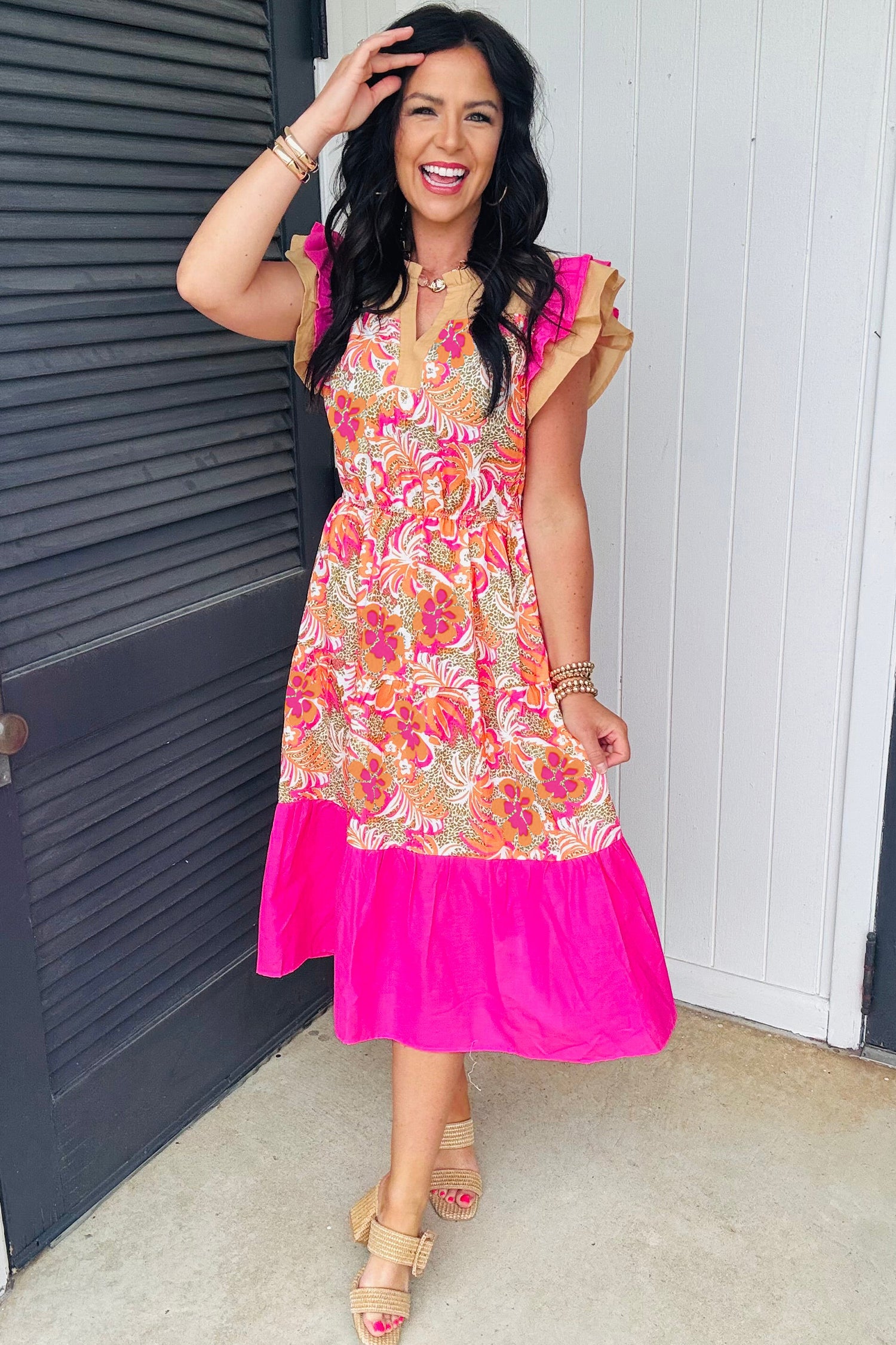 Rose Floral Colour Block Ruffled Short Sleeve Flared Midi Dress S-XL