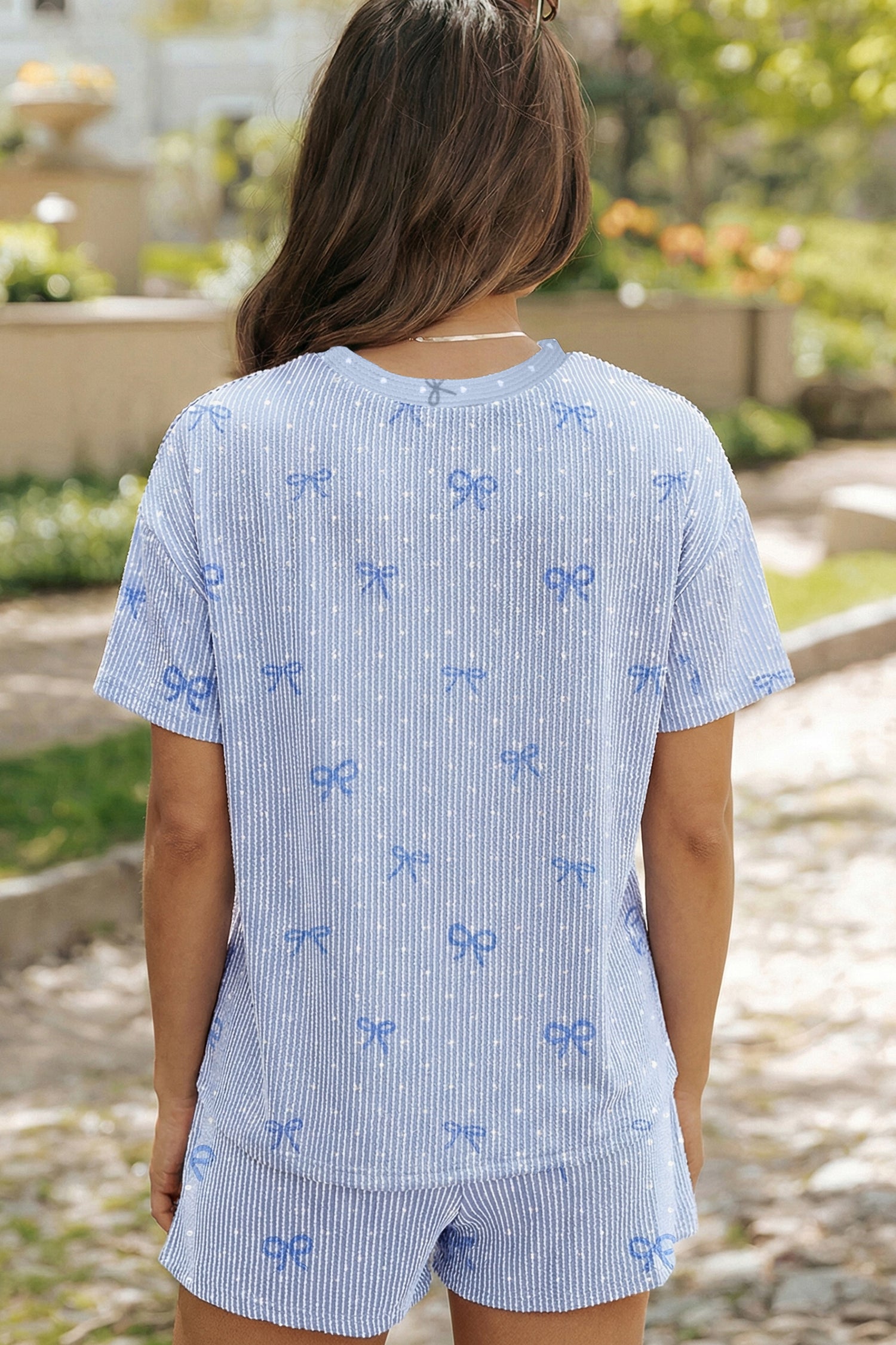 Sky Blue Tiny Heart & Bow Print Twisted Rib Loose 2pcs Short Set