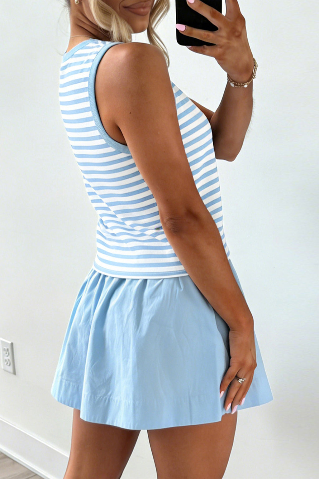 Sky Blue Stripe Slim Tank & Contrast Ruffle Mini Skort Set | UK 8–22