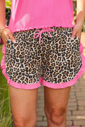 Leopard Print Shorts Contrast Ruffle Trim Khaki White Women S-XL