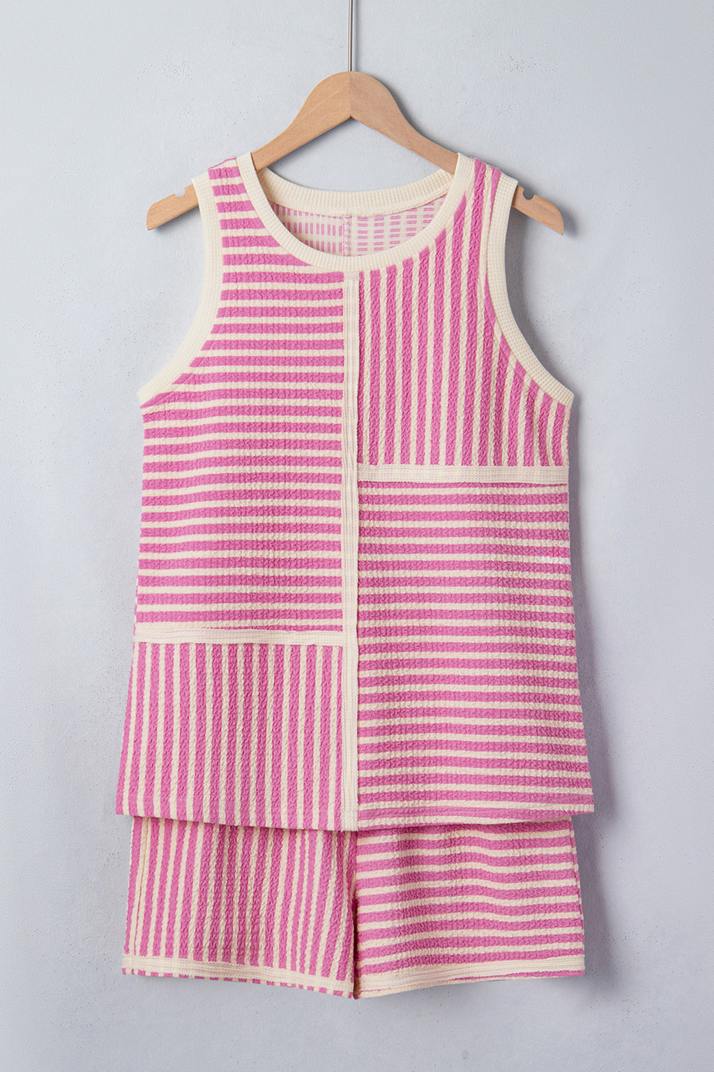 Pink Stripe Textured Contrast Trim Tank & Shorts Co-ord Set