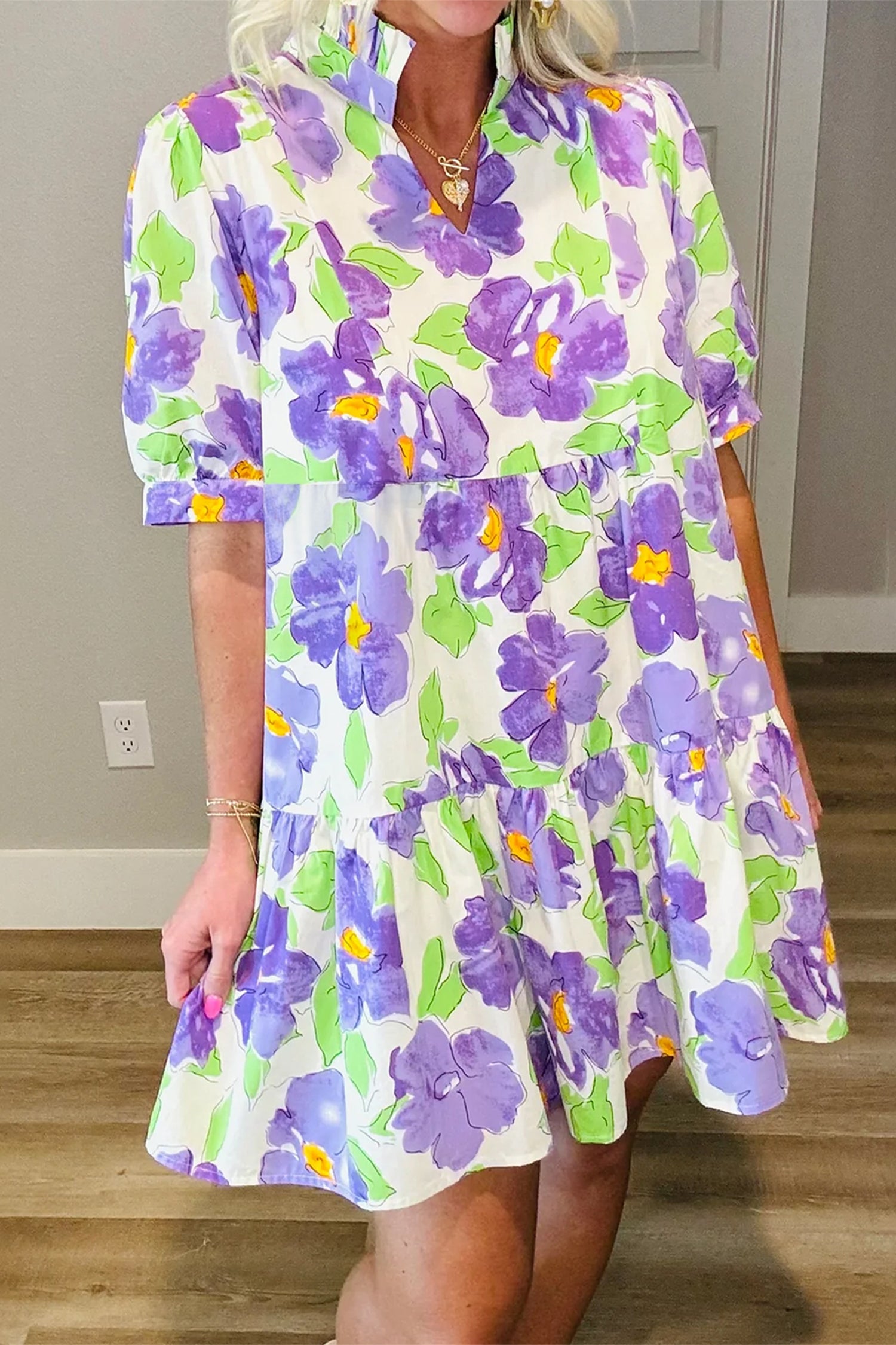 Purple Floral V Collar Short Sleeve Tiered Ruffle Mini Dress S-XL