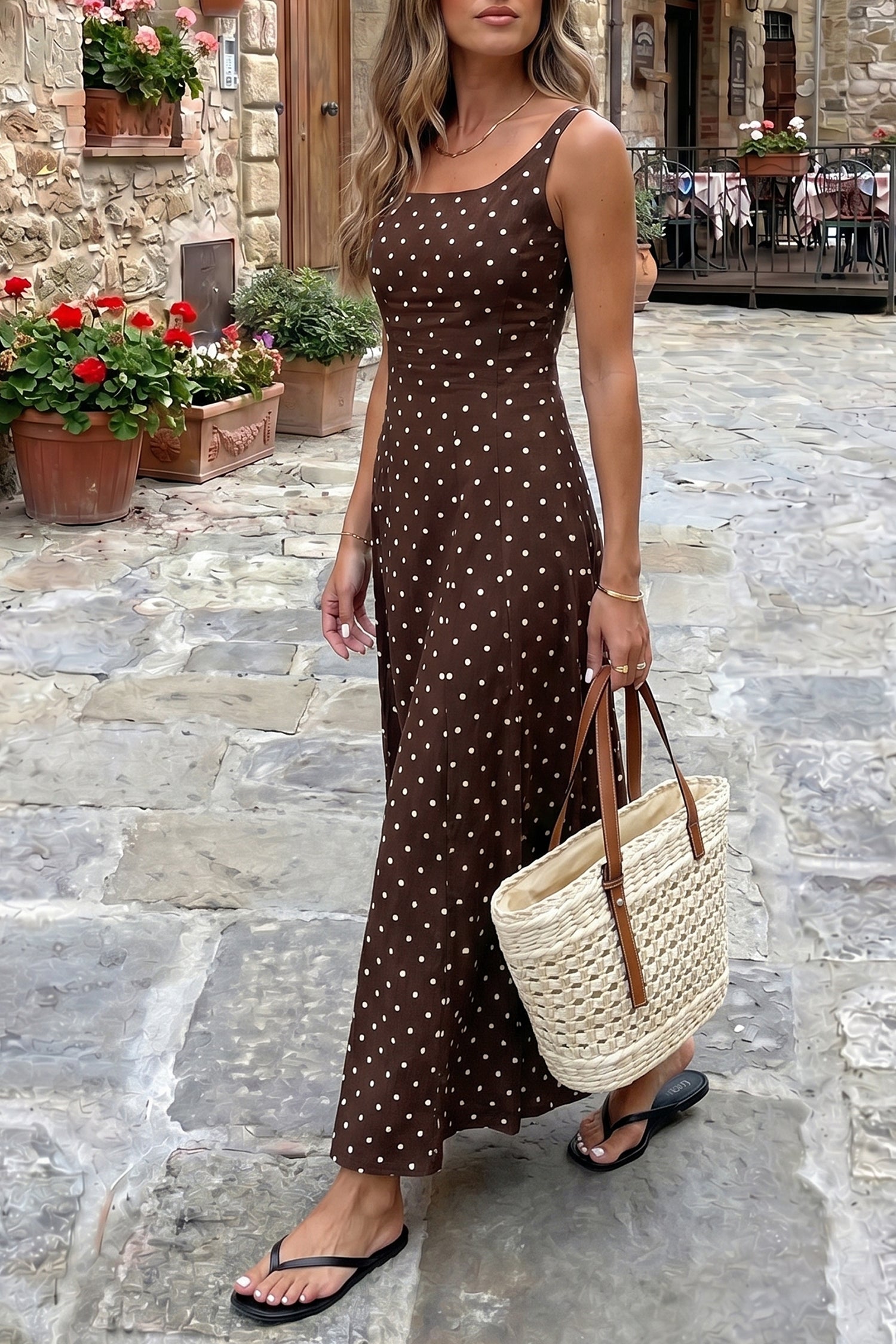 Brown Polka Dot Maxi Dress Square Neck Sleeveless Vacation Women S-XL