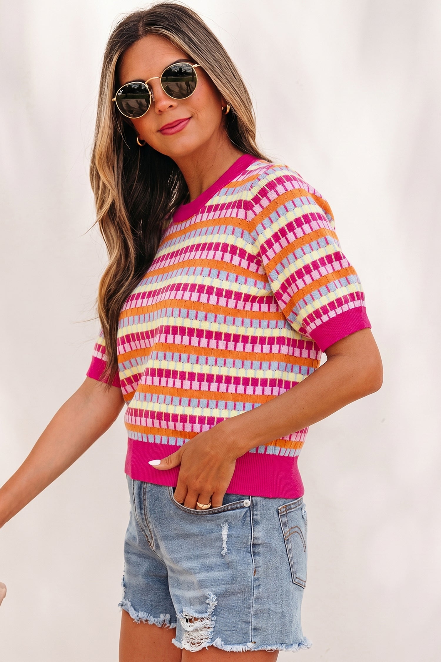 Women's Rose Red Abstract Stripe Knit Short Sleeve Sweater at LivelyLooks
