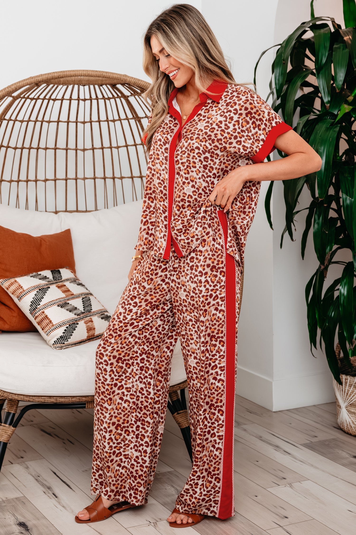 Brown Contrast Trim Leopard Top & Pant Set | UK 8–22