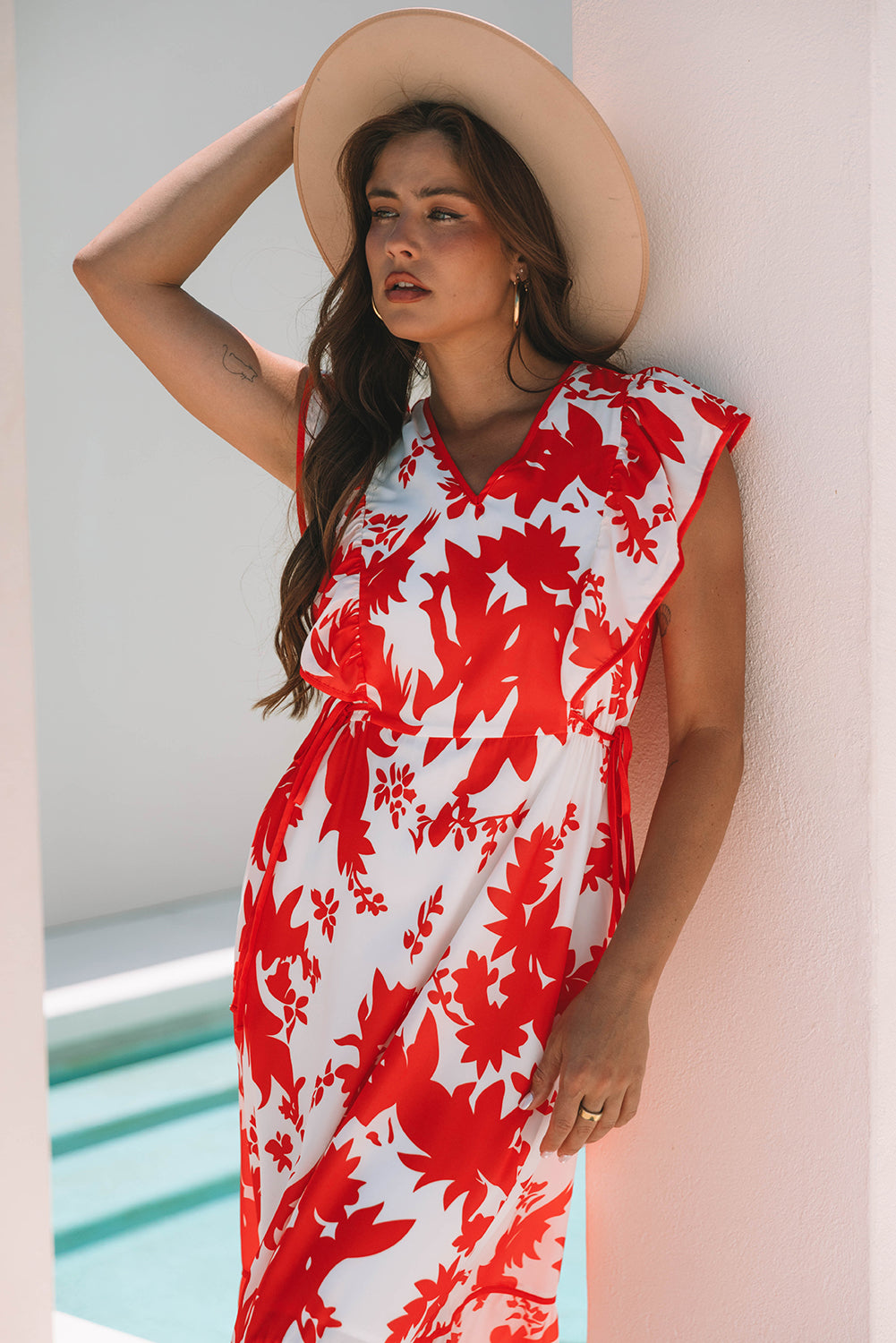 Red Floral Print Trimmed V Neck Ruffle Sleeve Long Dress S-XL
