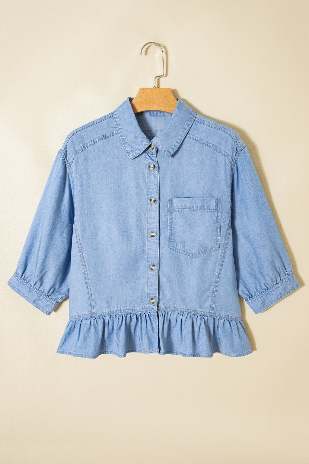 Women's Beau Blue Half Sleeve Button Down Ruffled High Low Chambray Shirt at LivelyLooks