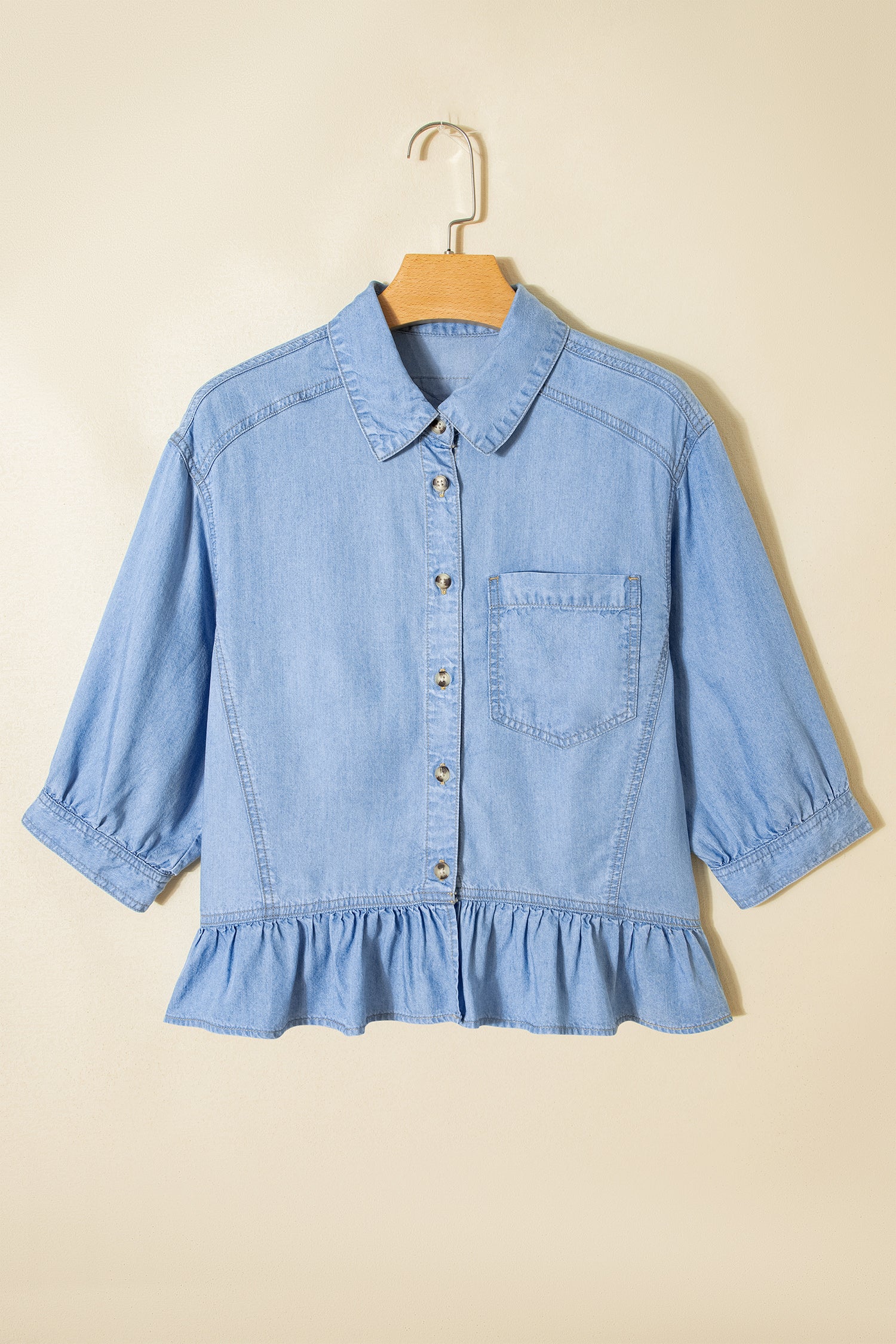 Women's Beau Blue Half Sleeve Button Down Ruffled High Low Chambray Shirt at LivelyLooks