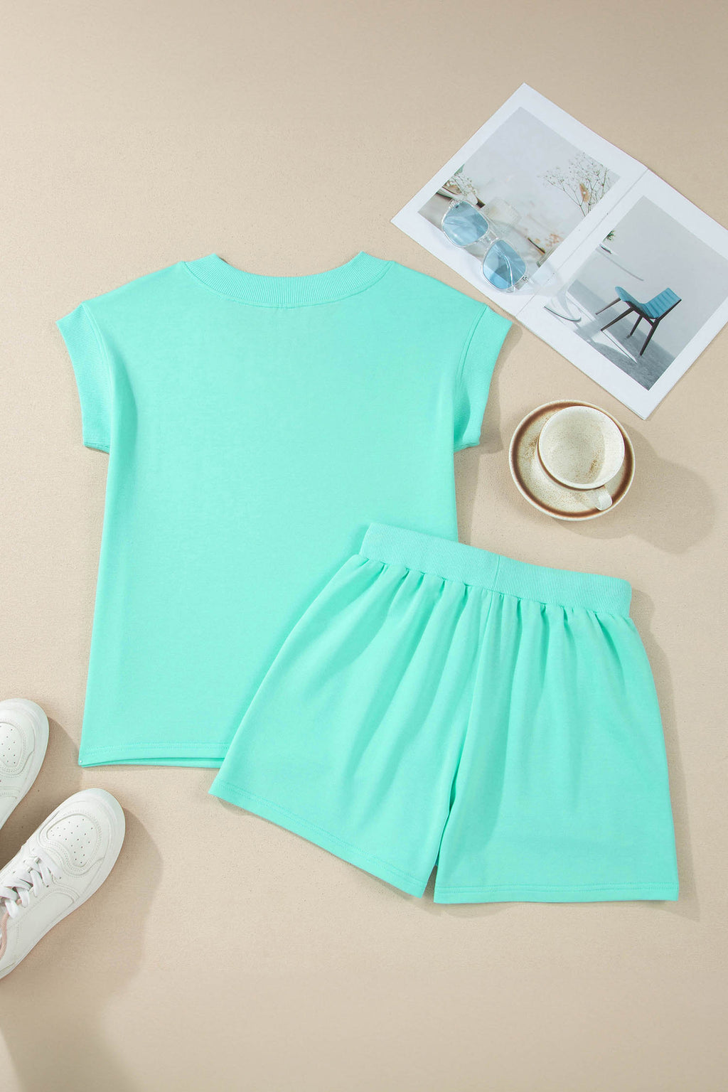 Shop Women's V-Neck Short Sleeve Top & Drawstring Shorts Set Pink Green S-XL at LivelyLooks