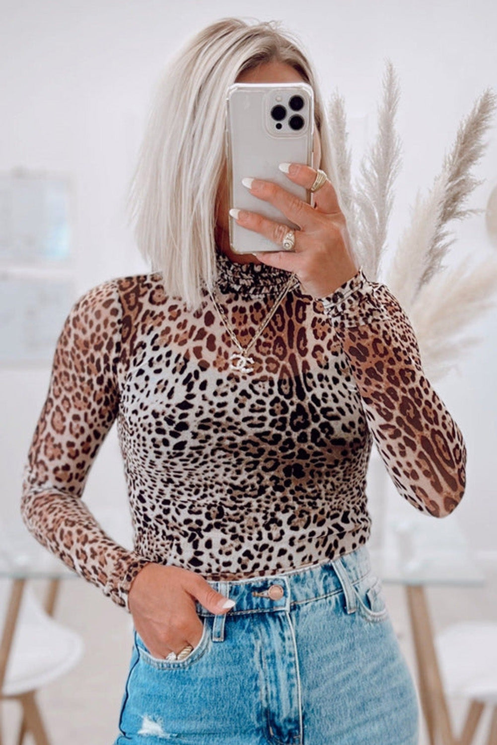 Brown Leopard Print Bodysuit Smocked Neck Mesh Long Sleeve Women S-XL