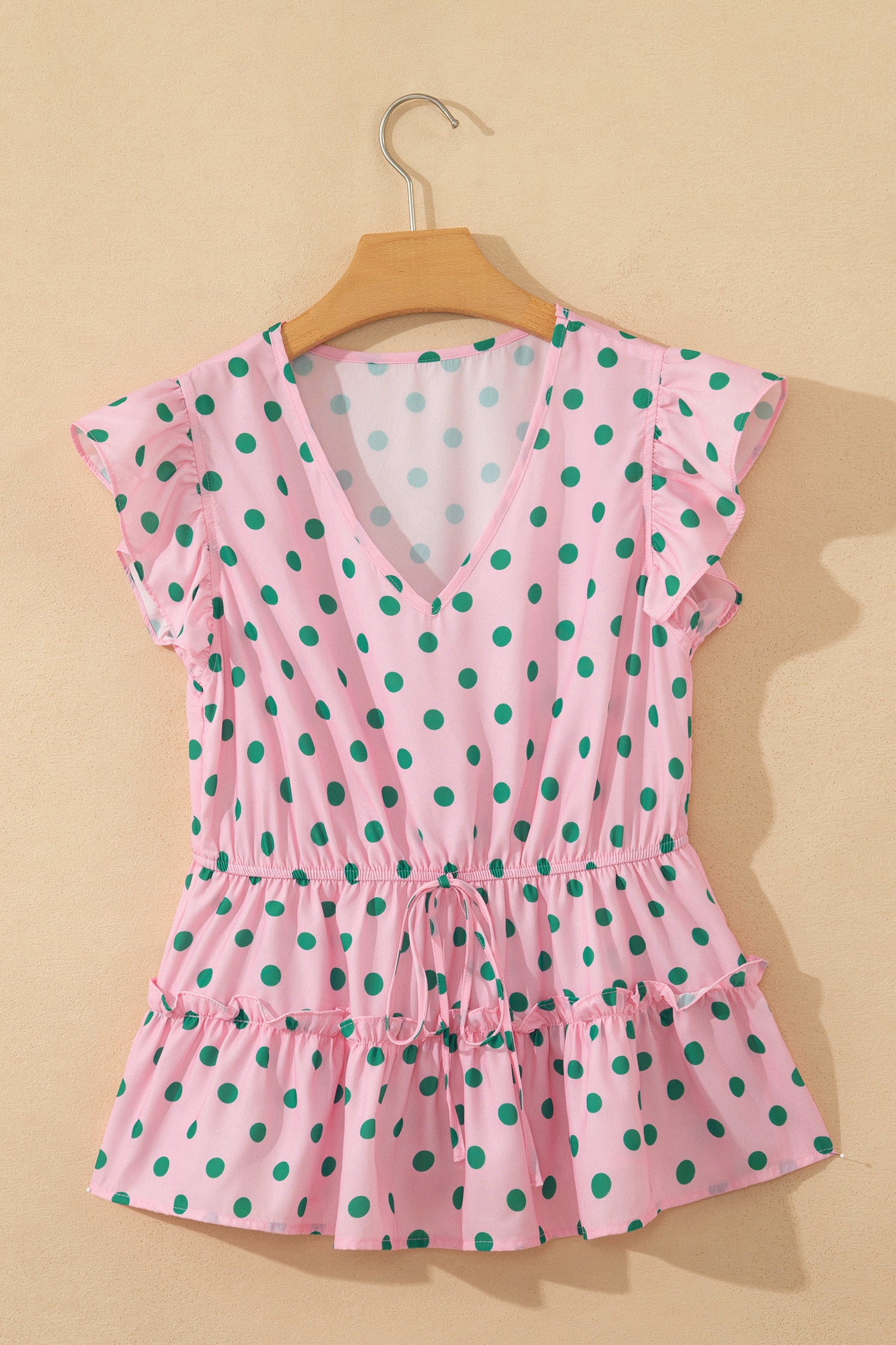 Shop Pink Polka Dot V-Neck Drawstring Tiered Babydoll Blouse at LivelyLooks