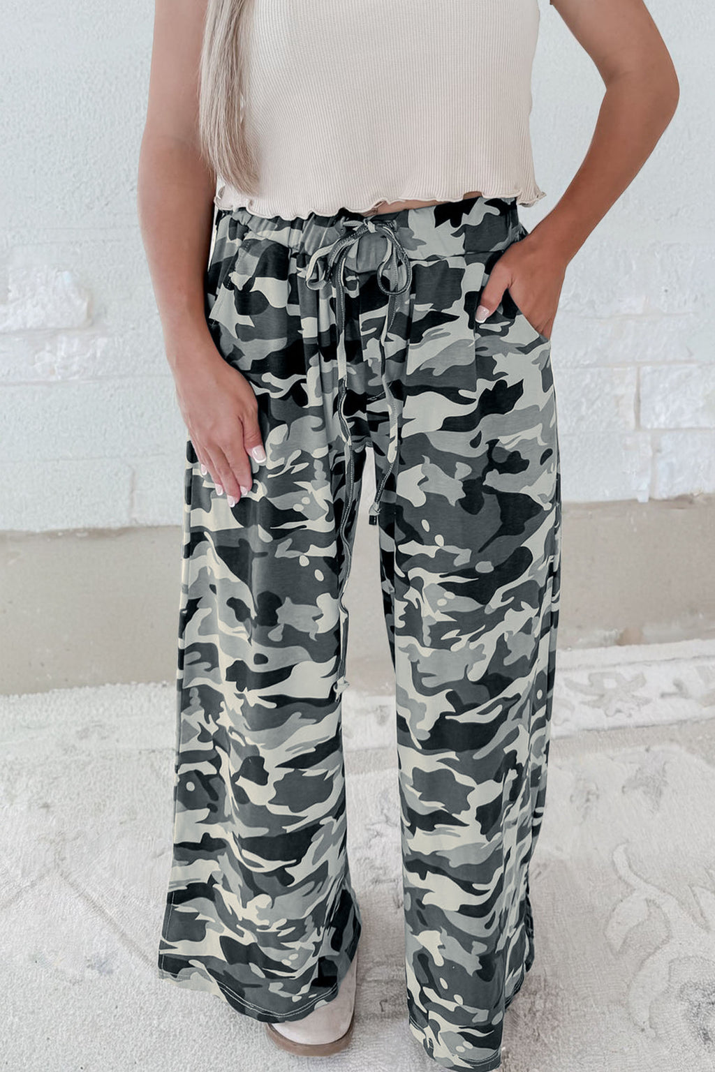 Green Camouflage Print Casual Trousers Drawstring Elastic Waist Women S-XL