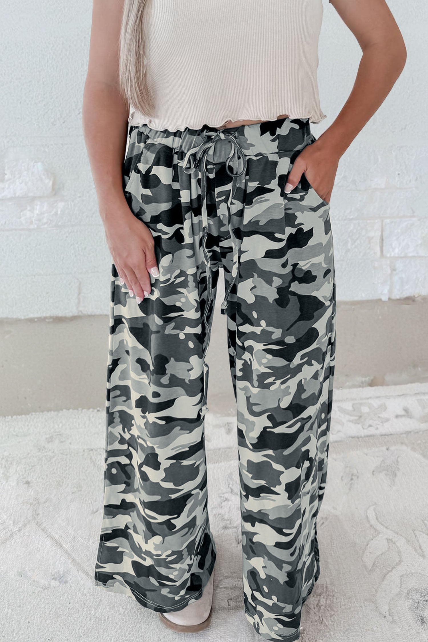 Green Camouflage Print Casual Trousers Drawstring Elastic Waist Women S-XL