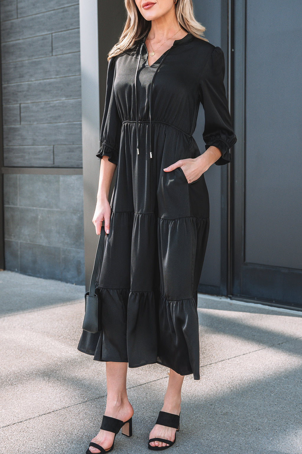 Black Tiered Maxi Dress Flounced Bracelet Sleeve V Neck Women S-XL