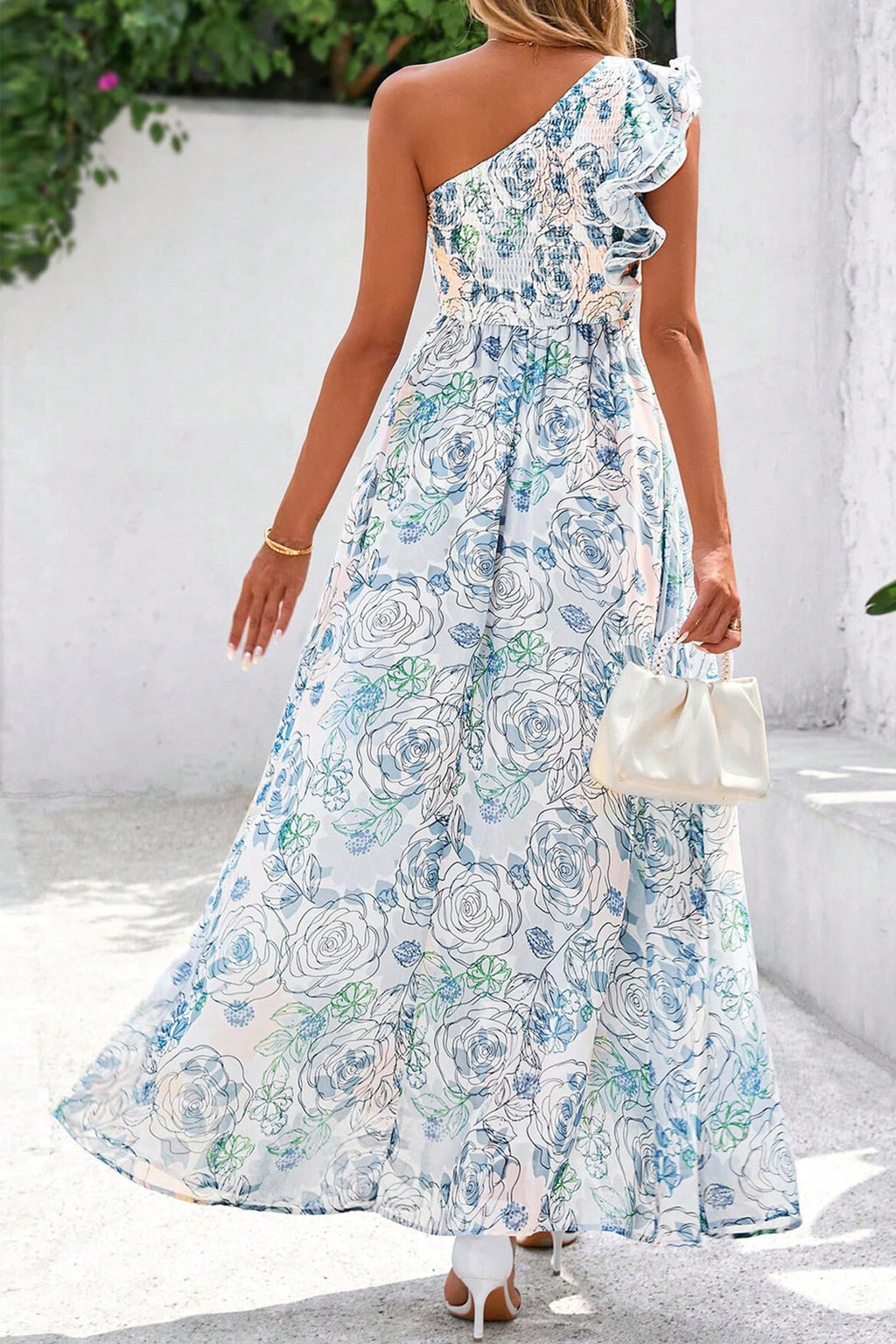 Sky Blue Floral One Shoulder Maxi Dress | Ruffle Sleeveless with Pockets