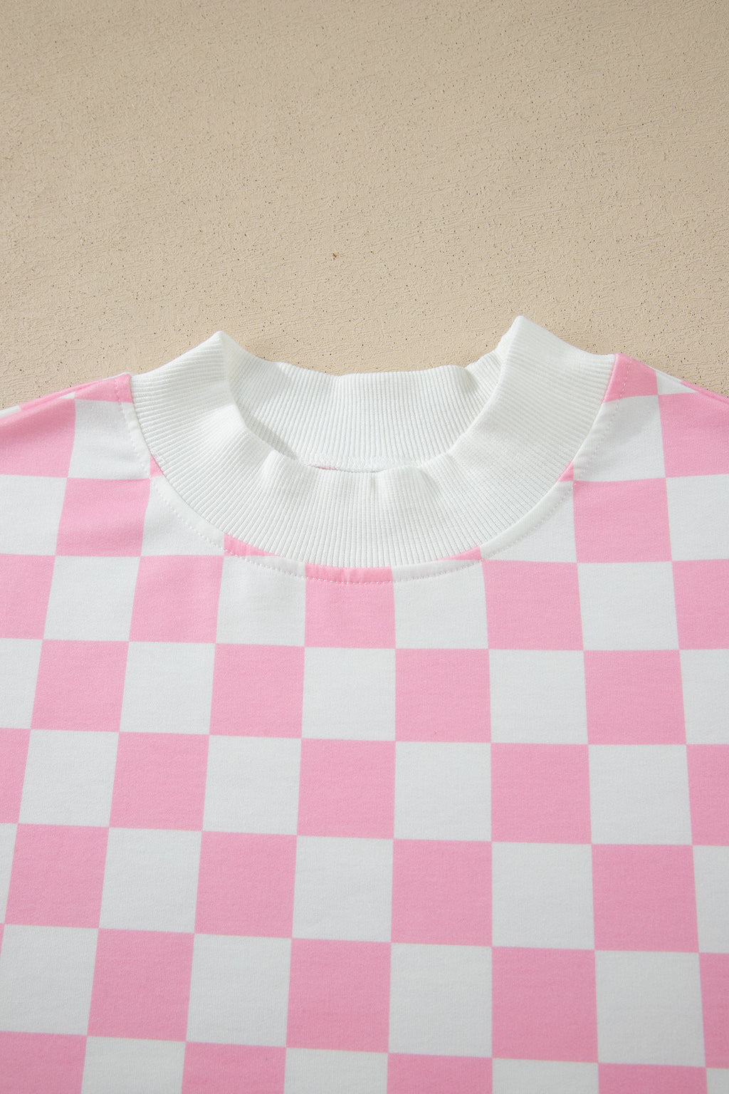 Shop Pink Checkered Print Colour Block Trim Mock Neck Short Set Two Piece Co-ord PJ at LivelyLooks