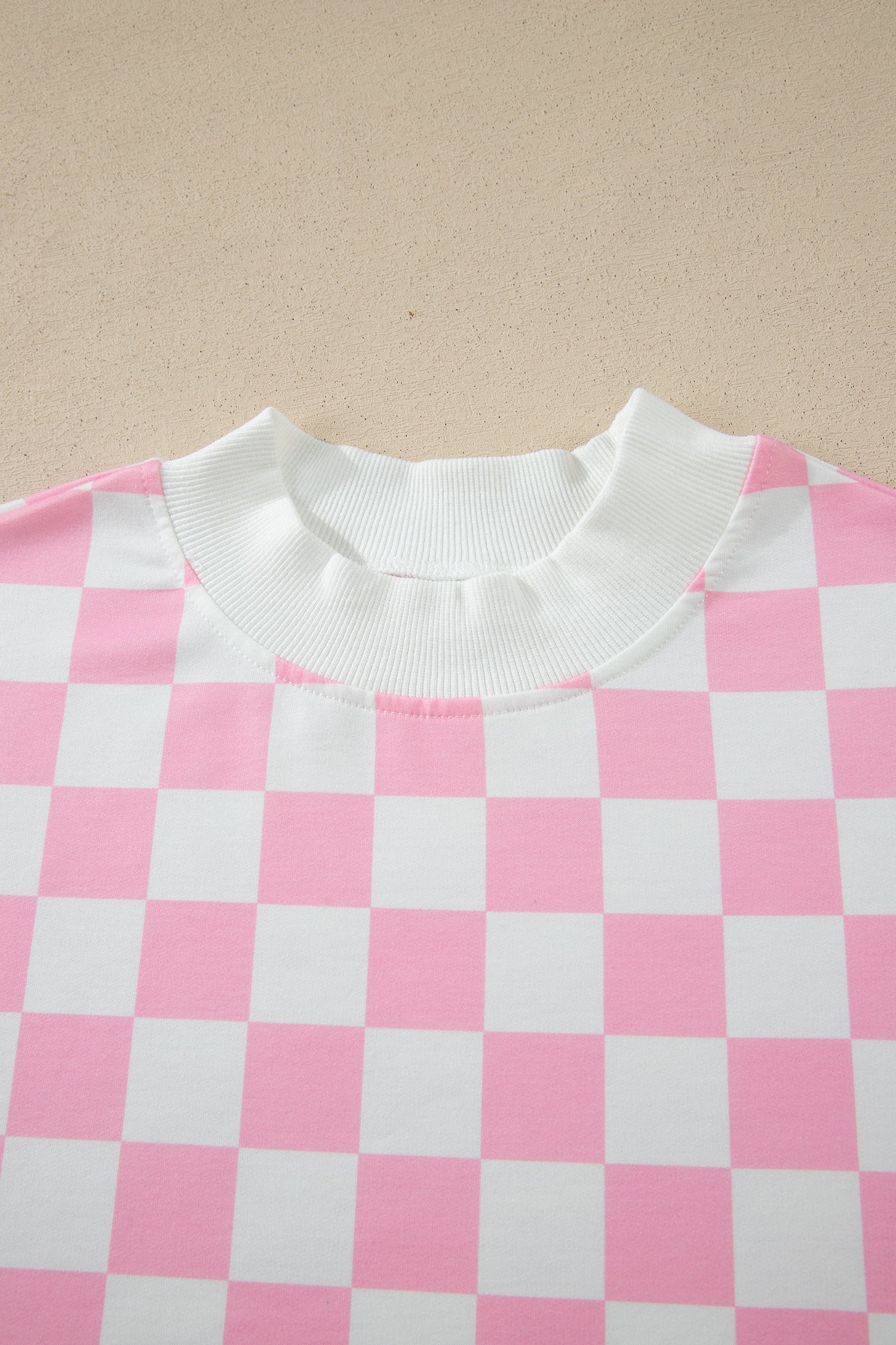 Shop Pink Checkered Print Colour Block Trim Mock Neck Short Set Two Piece Co-ord PJ at LivelyLooks