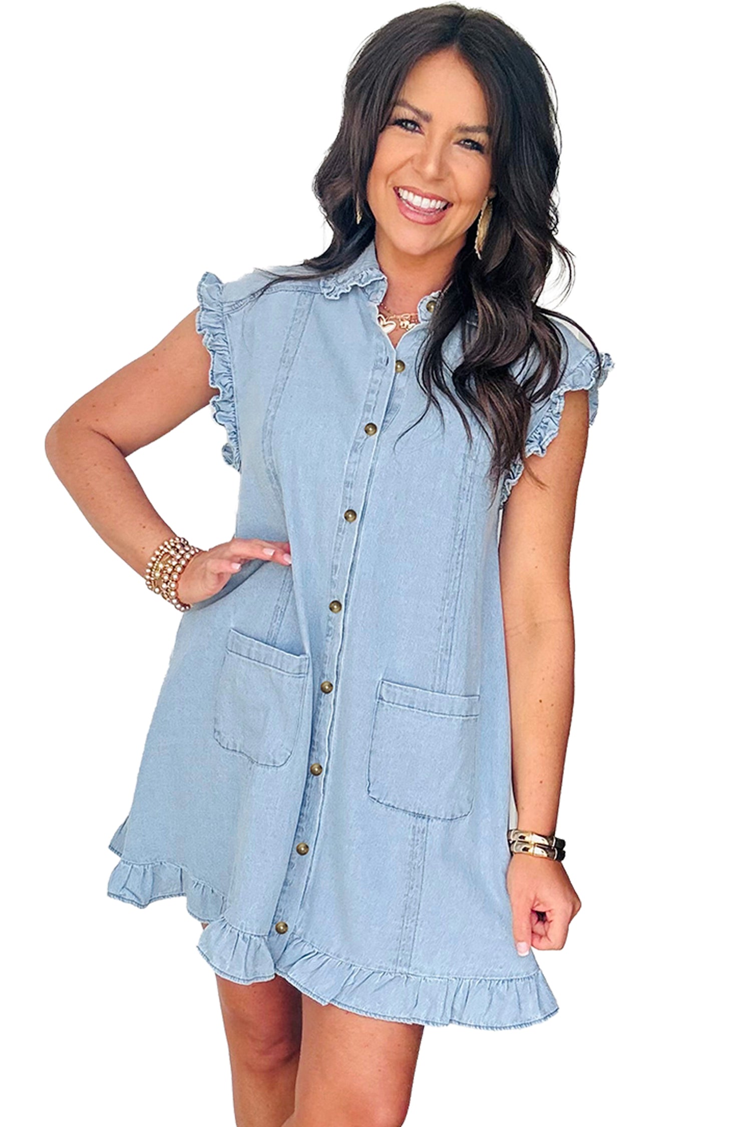 Women's Sail Blue Ruffled Collar Shift Denim Dress with Pockets at LivelyLooks