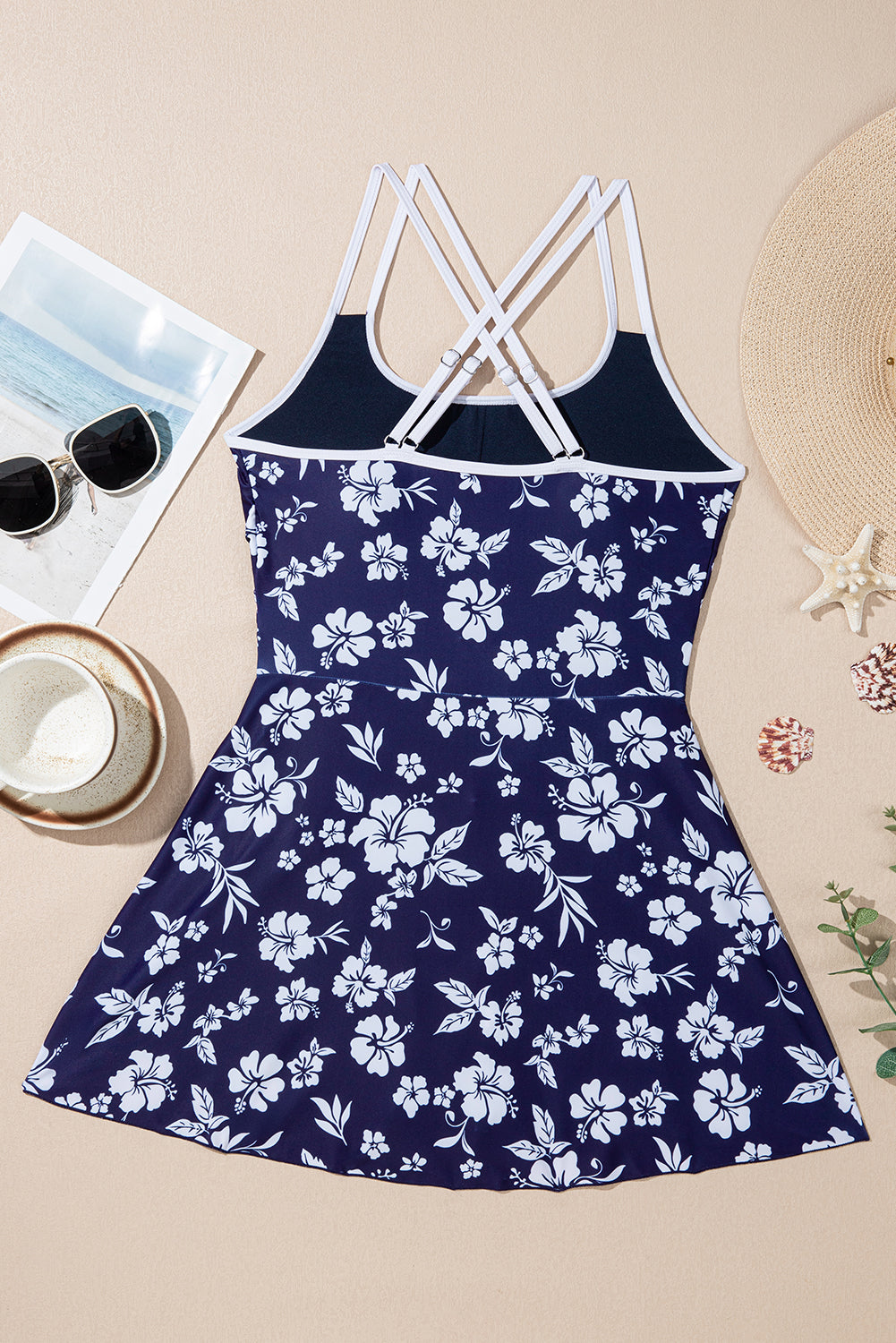 Women's Women Floral Print Crossed Back Knot Side One Piece Swimsuit Blue Navy S-XL at LivelyLooks