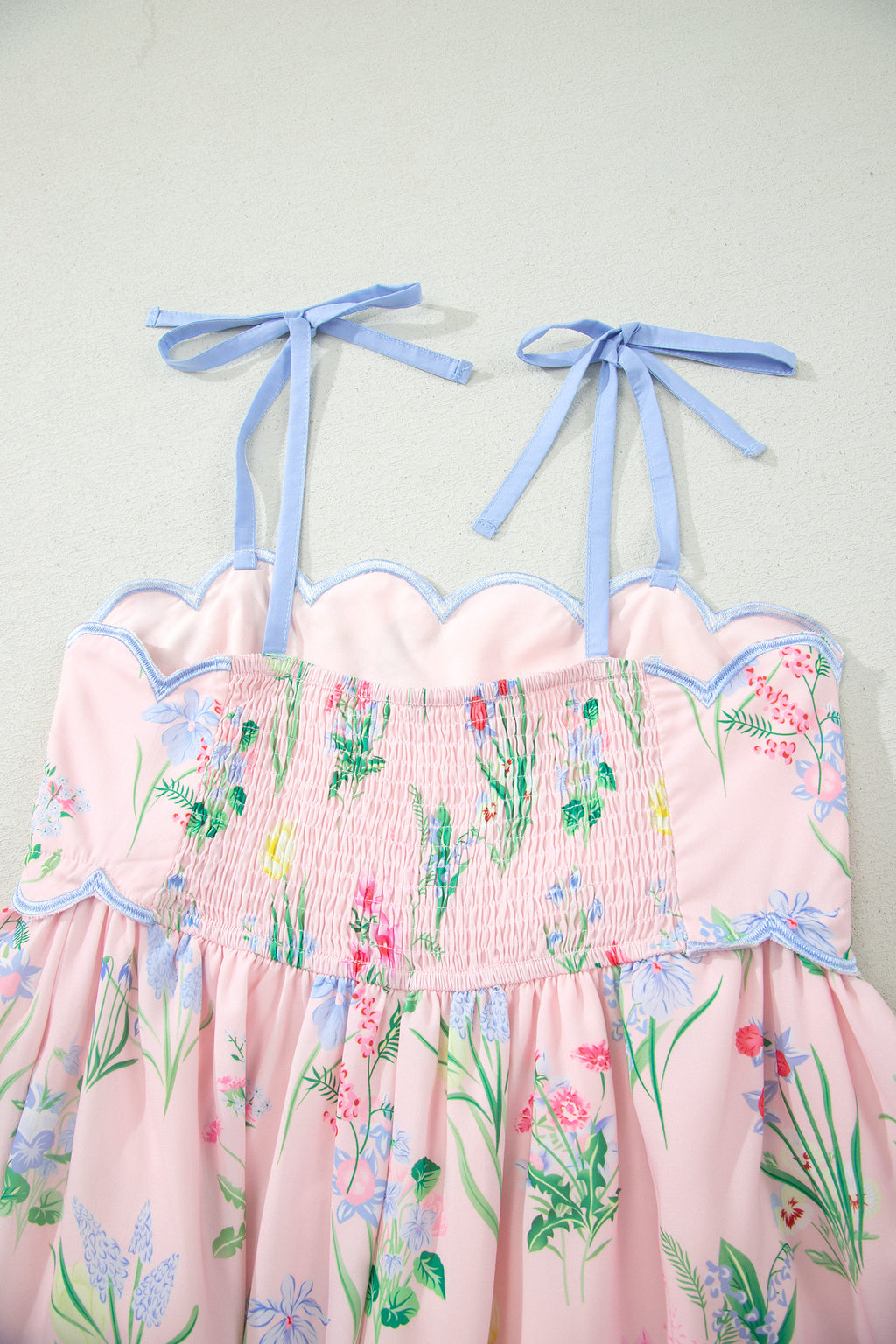 Floral Midi Dress Contrast Trim Self-Tie Straps High Waist Beige Pink Yellow