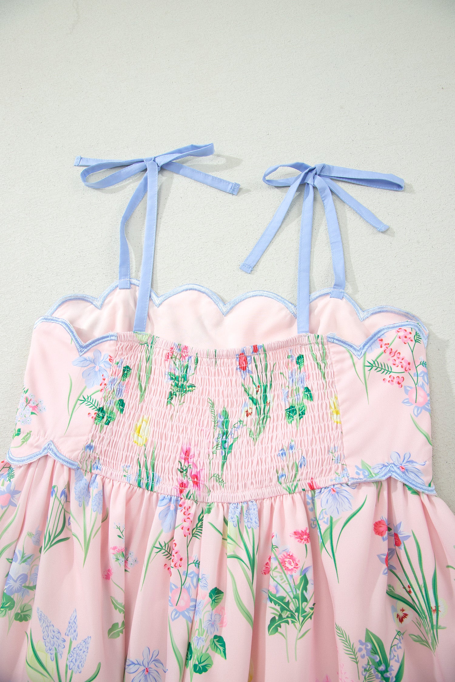 Floral Midi Dress Contrast Trim Self-Tie Straps High Waist Beige Pink Yellow