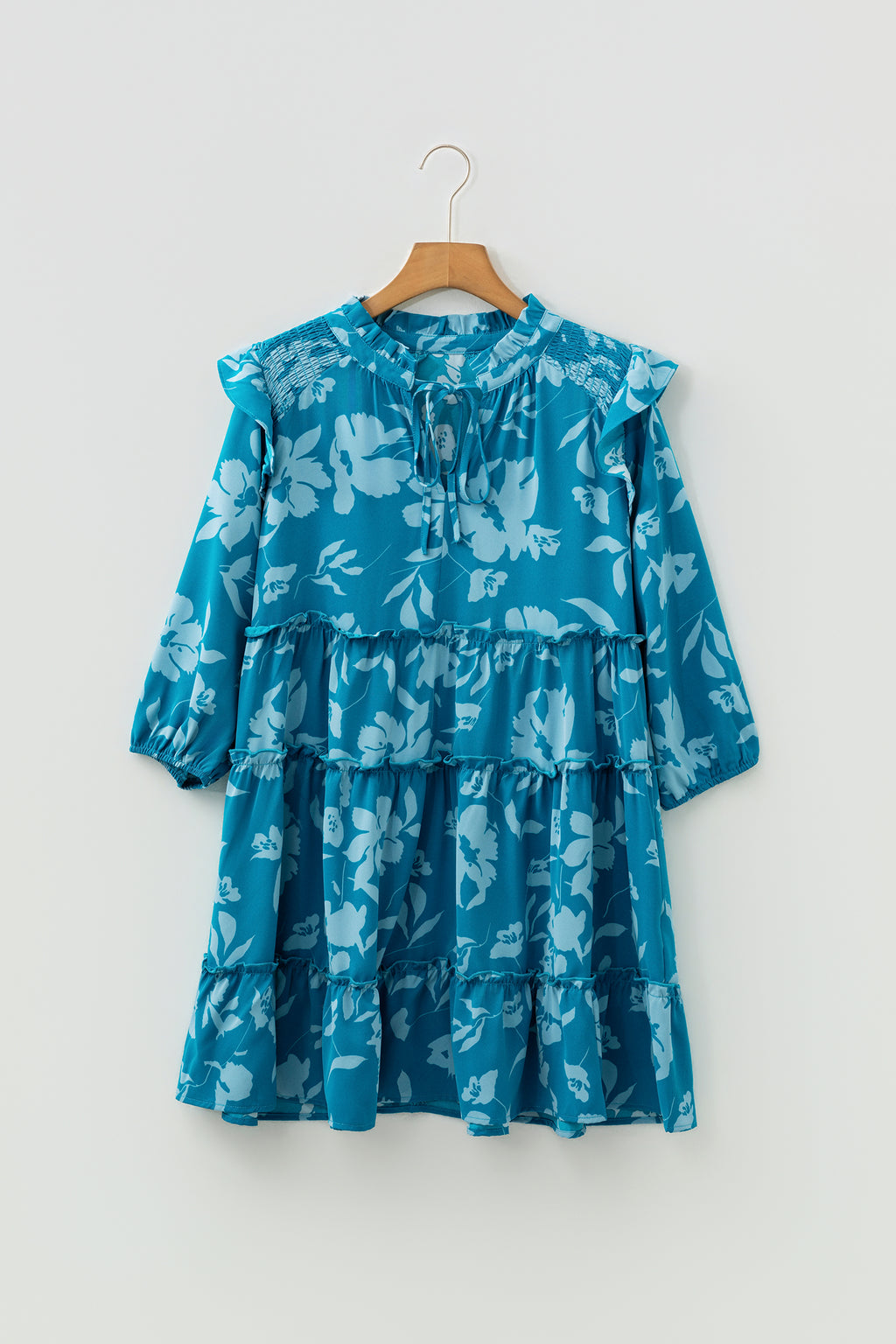 Blue Floral Half Sleeve Tiered Ruffle Mini Dress | A-Line Summer