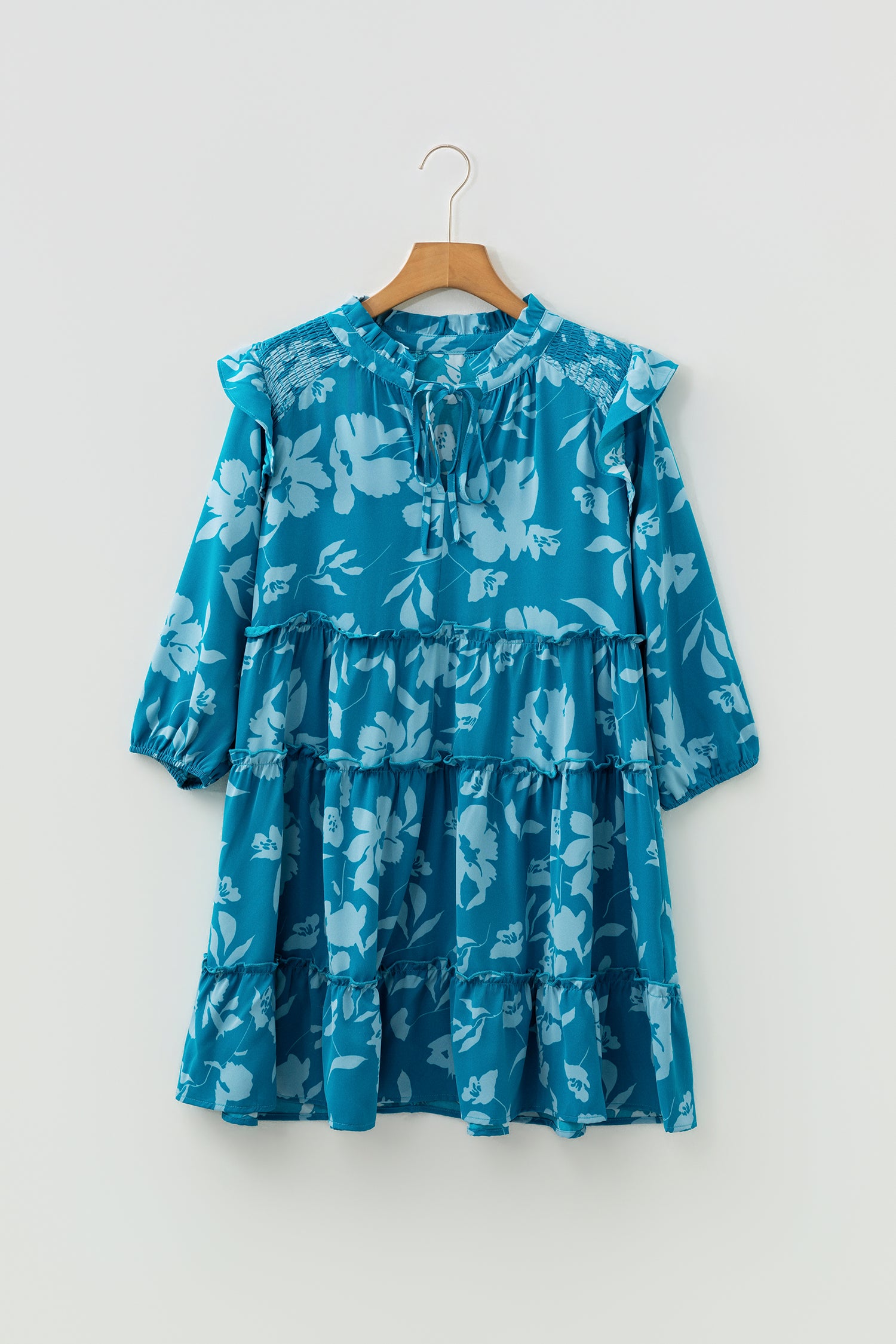 Blue Floral Half Sleeve Tiered Ruffle Mini Dress | A-Line Summer