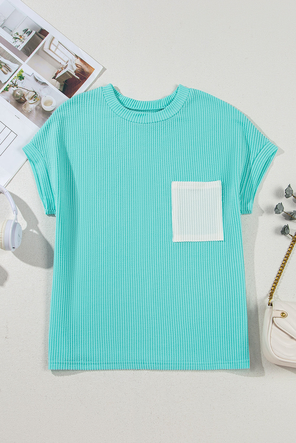Corded Rib Knit Colour Block Patch Pocket Crew Neck Tee | Pink Blue Grey