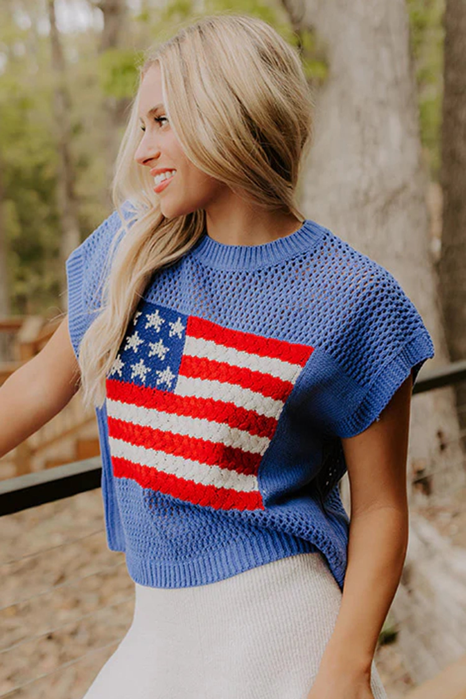 Women's Fiery Red Flag Graphic Short Sleeve Sweater Top at LivelyLooks