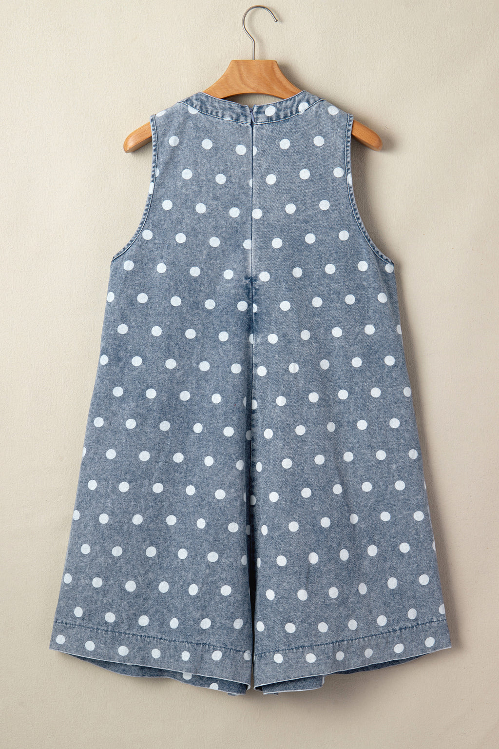 Women's Sky Blue Polka Dot Denim Romper | Tie V-Neck Pleated Loose Playsuit at LivelyLooks