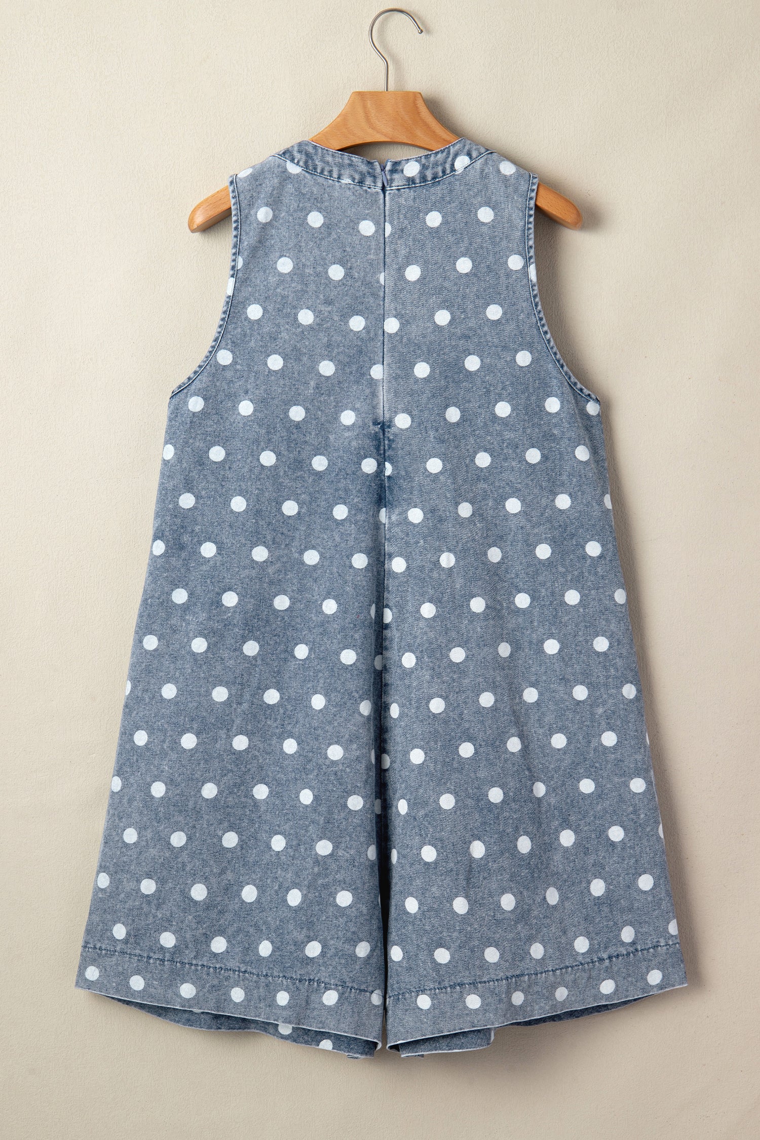 Women's Sky Blue Polka Dot Denim Romper | Tie V-Neck Pleated Loose Playsuit at LivelyLooks
