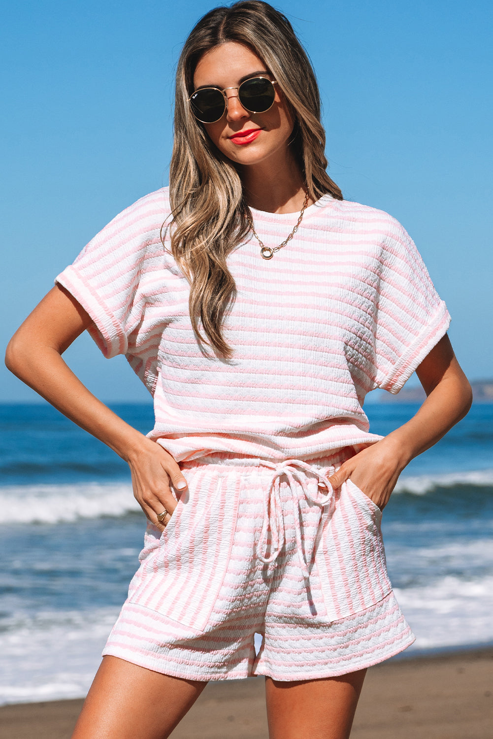 Shop Stripe Knitted Short Sleeve Top & Drawstring Shorts Co-ord S-3XL at LivelyLooks