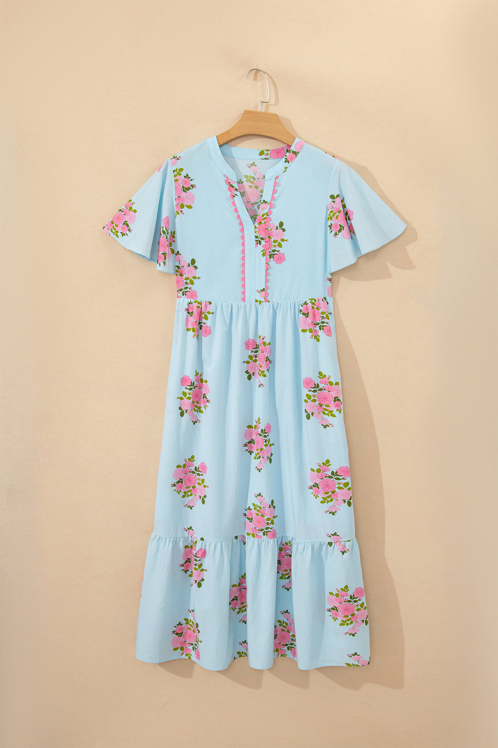 Women's Women's Floral Maxi Dress Flutter Sleeve Notched Neck Summer Holiday Pink Blue at LivelyLooks